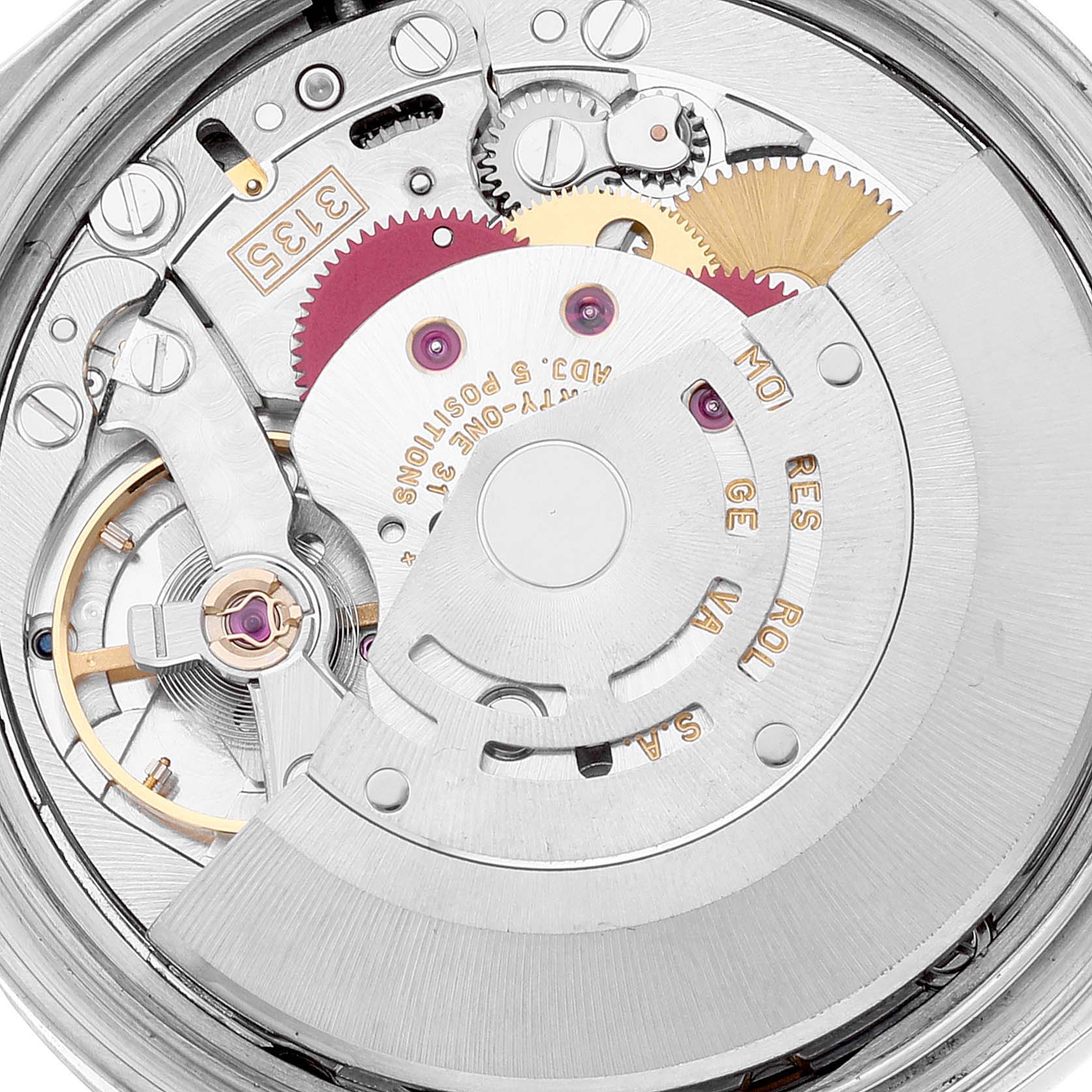 The image shows the internal mechanical movement of a Rolex Datejust 16234 Men's Stainless Steel Mother of Pearl Dial 16234 Men's Stainless Steel Mother of Pearl Dial watch from a top-down angle.