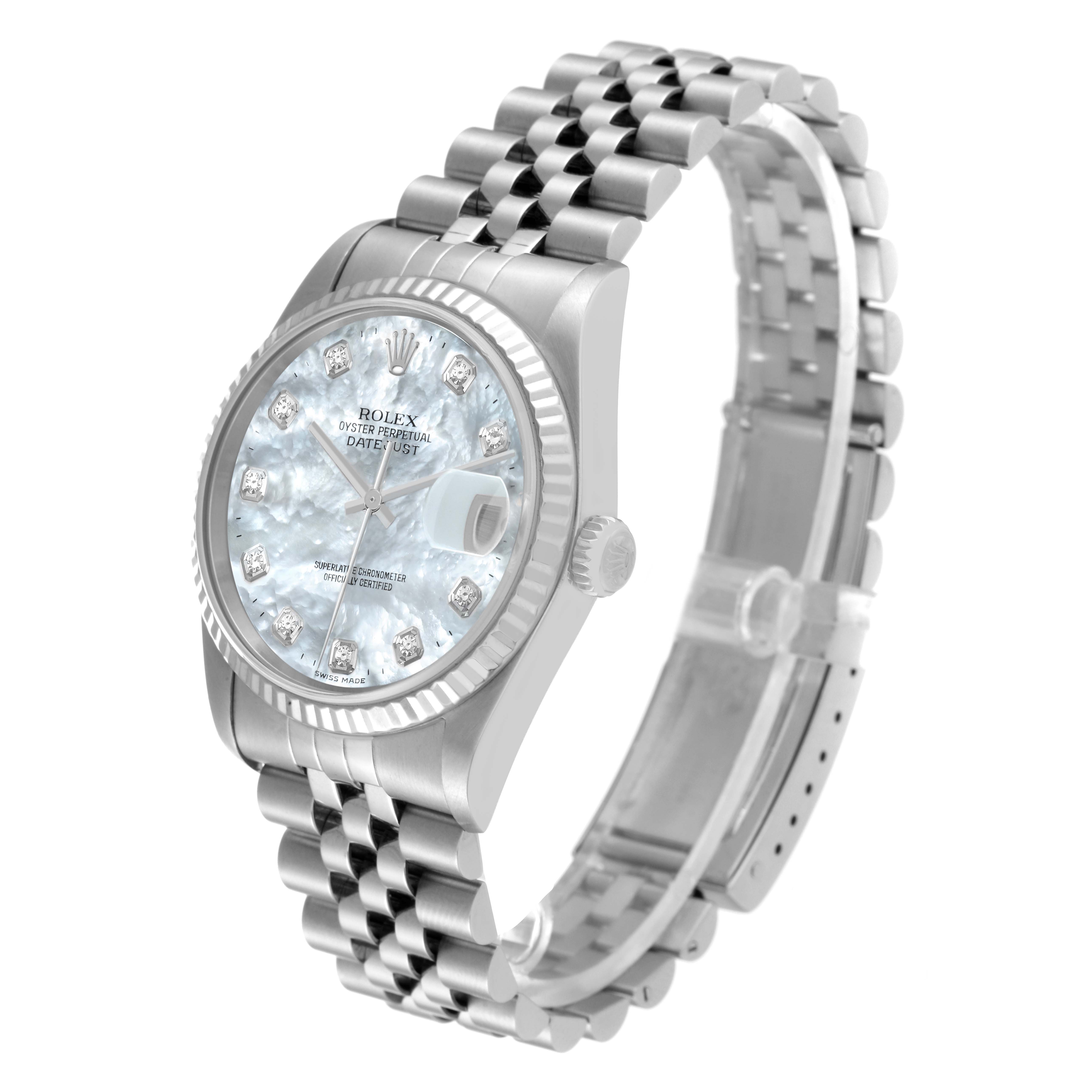 The image shows a Rolex Datejust 16234 Men's Stainless Steel Mother of Pearl Dial 16234 Men's Stainless Steel Mother of Pearl Dial model watch at a slight angle, highlighting its bracelet, dial, bezel, and crown.