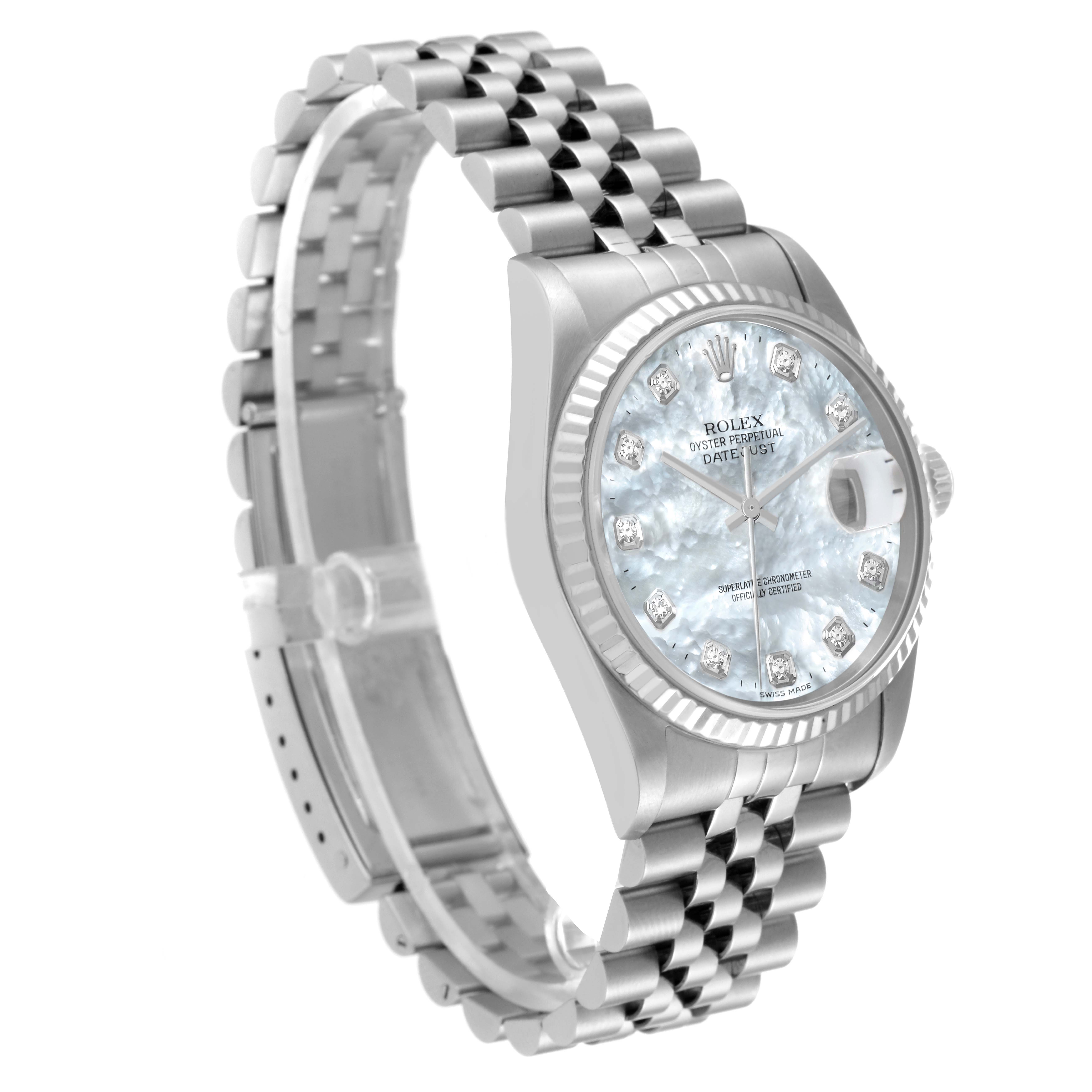 The image shows the Rolex Datejust 16234 Men's Stainless Steel Mother of Pearl Dial 16234 Men's Stainless Steel Mother of Pearl Dial watch from a left-side angle, featuring its face, bezel, crown, and bracelet.