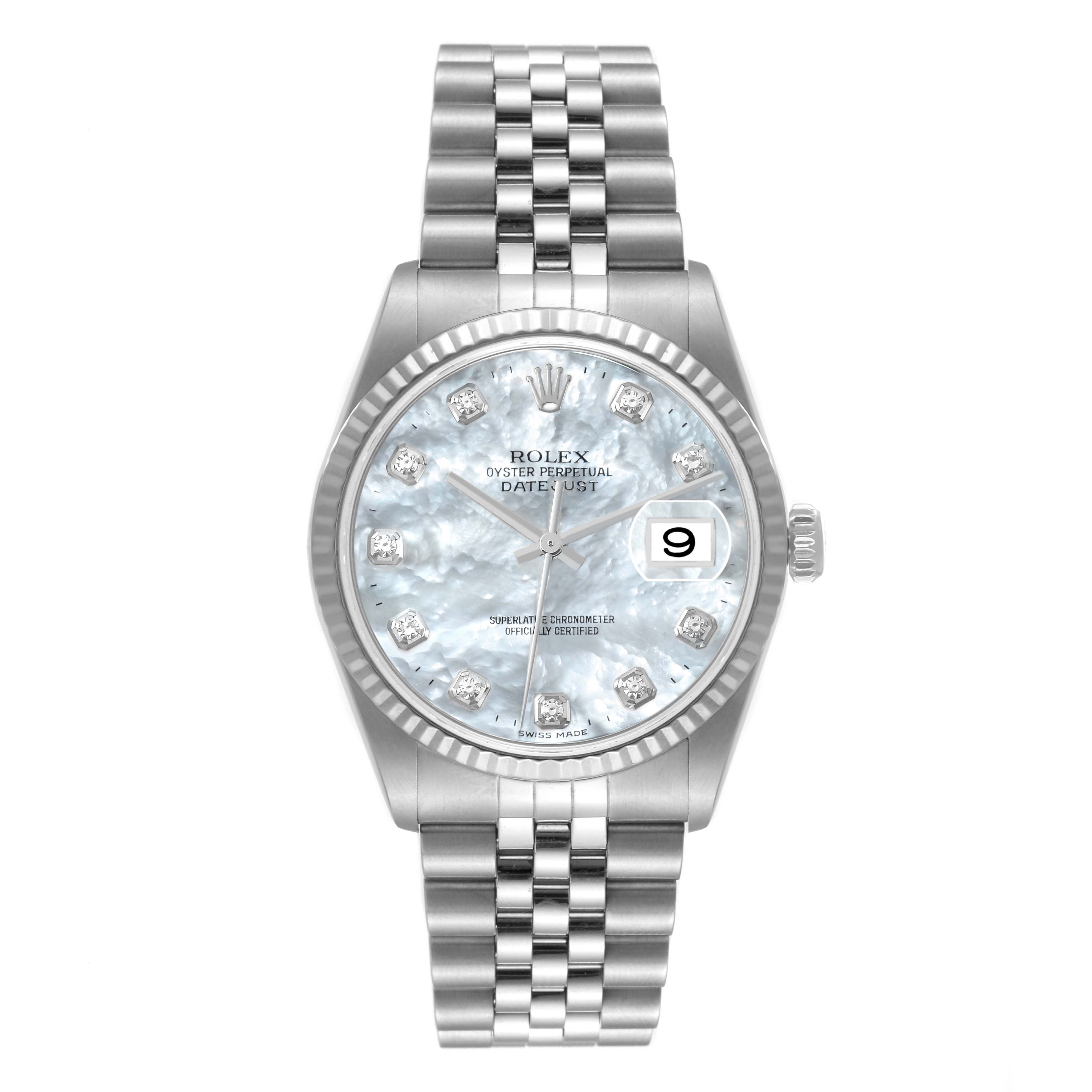 The Rolex Datejust 16234 Men's Stainless Steel Mother of Pearl Dial 16234 Men's Stainless Steel Mother of Pearl Dial watch is shown from a front angle, displaying the dial, fluted bezel, and bracelet.