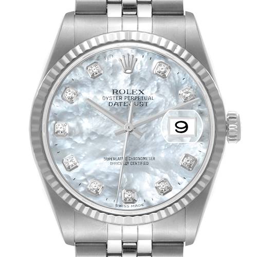 Photo of Rolex Datejust Steel White Gold Mother of Pearl Diamond Dial Mens Watch 16234