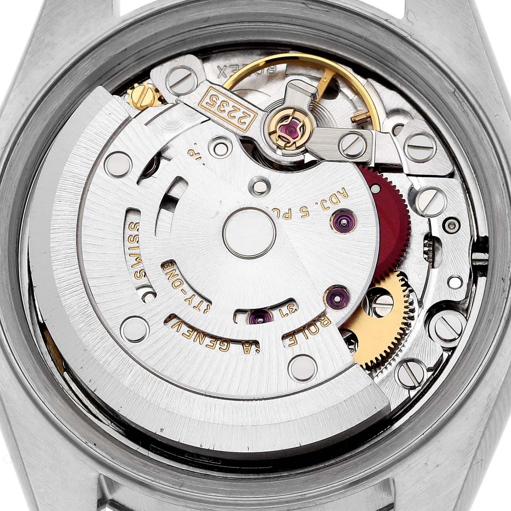 This image shows the internal mechanical movement of a Rolex Datejust 179174 Women
s Stainless Steel Mother of Pearl Dial 179174 Women
s Stainless Steel Mother of Pearl Dial watch from a top-down angle.