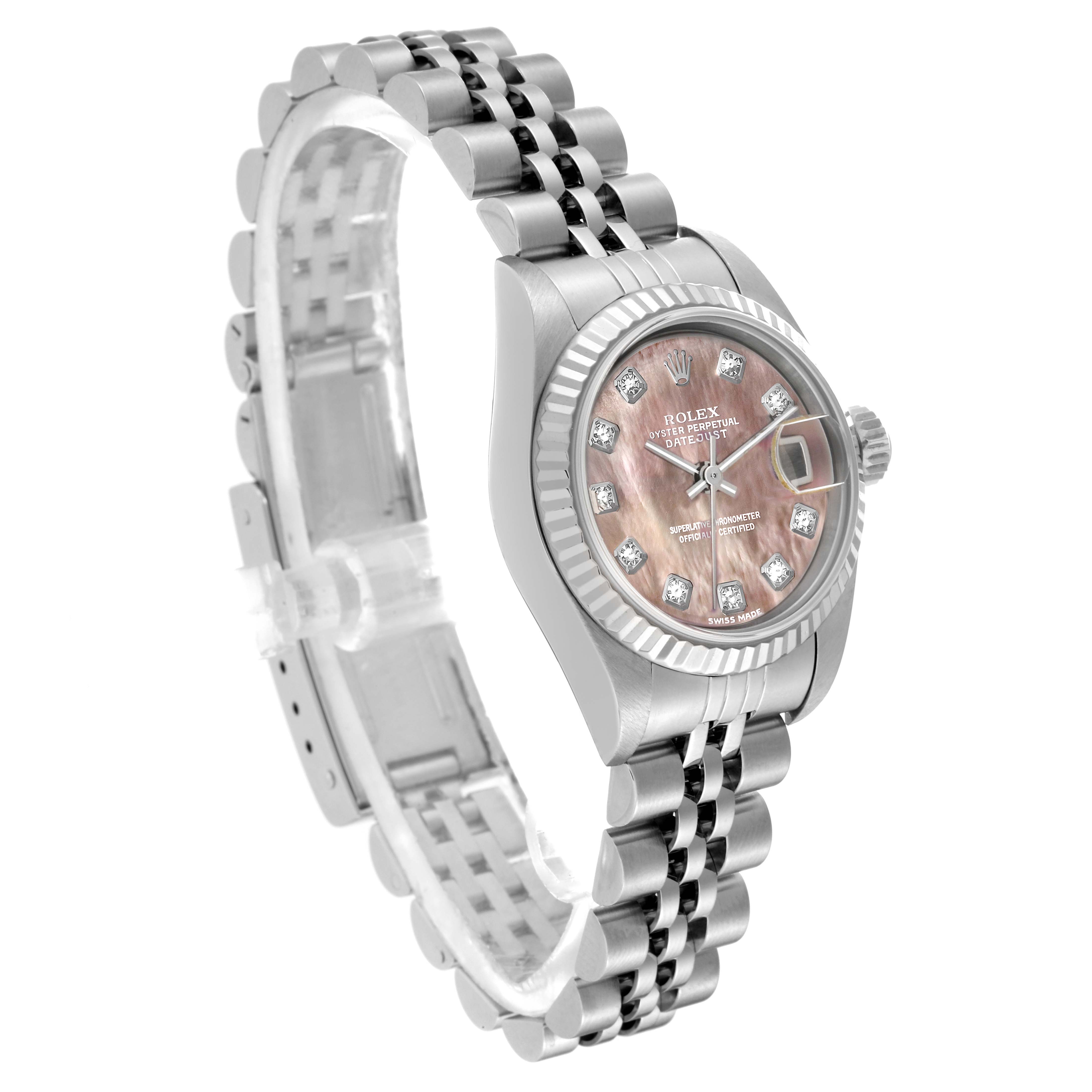 The image shows a side angle of a Rolex Datejust 179174 Women
s Stainless Steel Mother of Pearl Dial 179174 Women
s Stainless Steel Mother of Pearl Dial watch, highlighting the face, bezel, crown, and jubilee bracelet.
