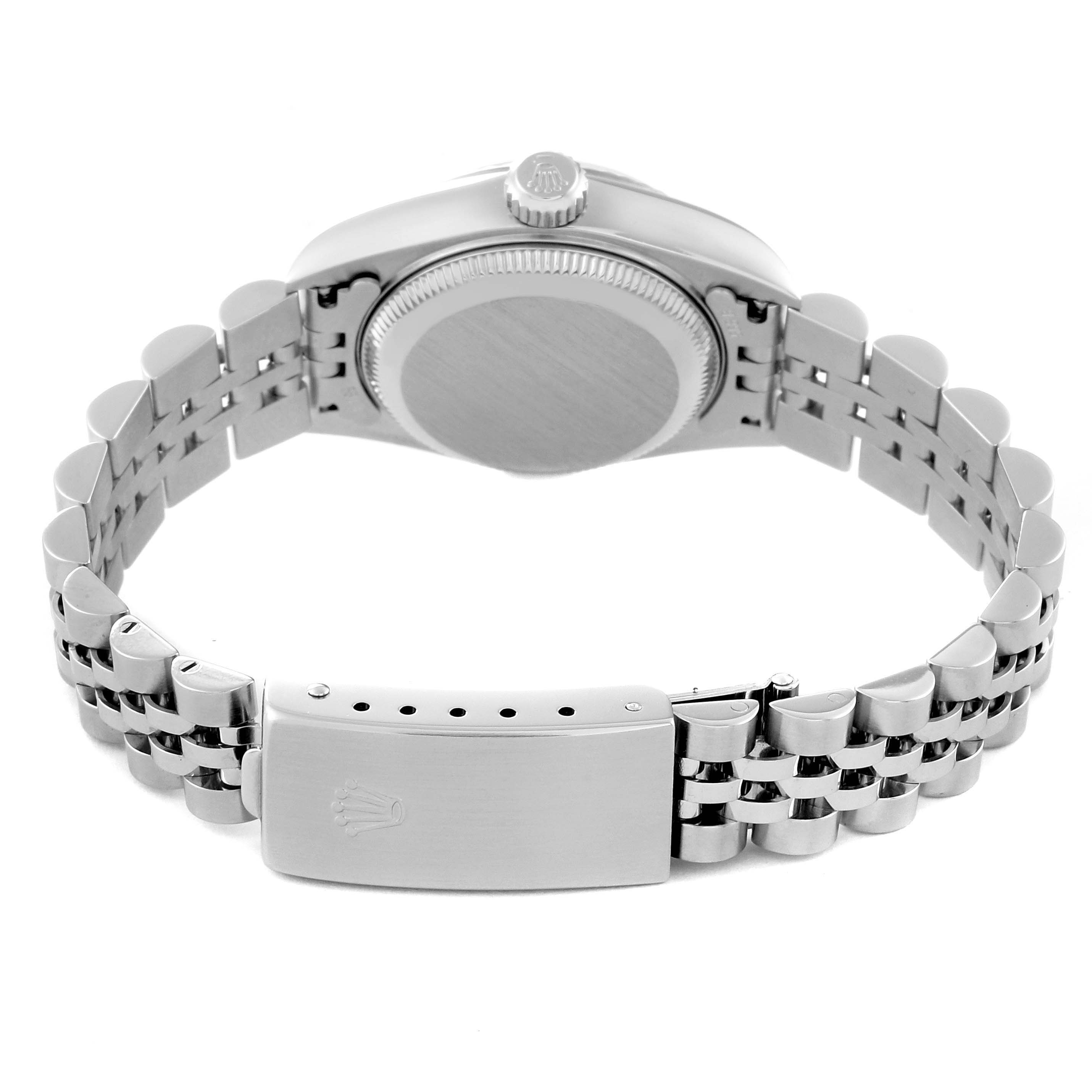 This image shows the back view of the Rolex Datejust 179174 Women
s Stainless Steel Mother of Pearl Dial 179174 Women
s Stainless Steel Mother of Pearl Dial watch, highlighting the bracelet, clasp, and caseback.