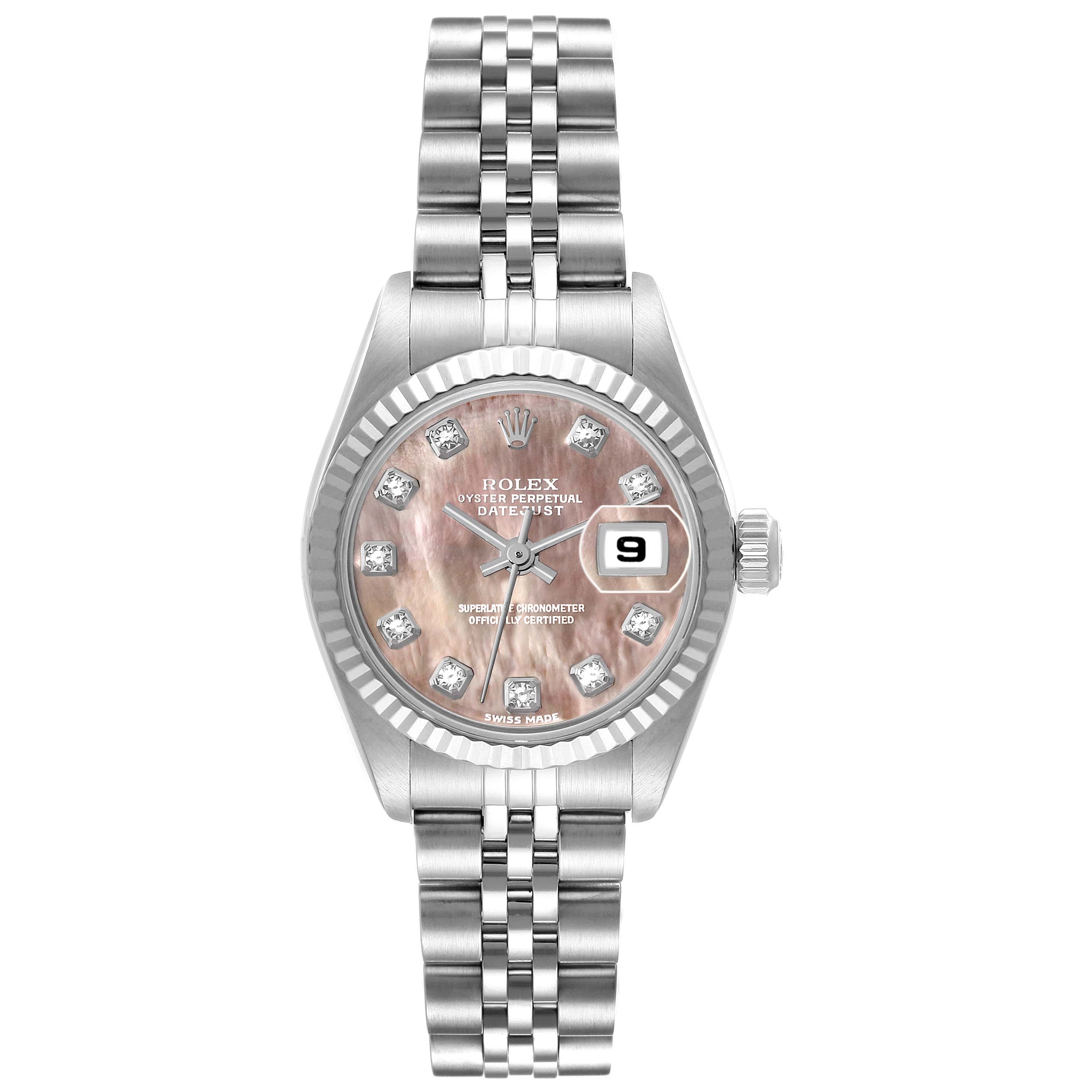 This image shows a front view of a Rolex Datejust 179174 Women
s Stainless Steel Mother of Pearl Dial 179174 Women
s Stainless Steel Mother of Pearl Dial watch, including its bracelet, bezel, dial, hands, and date window.