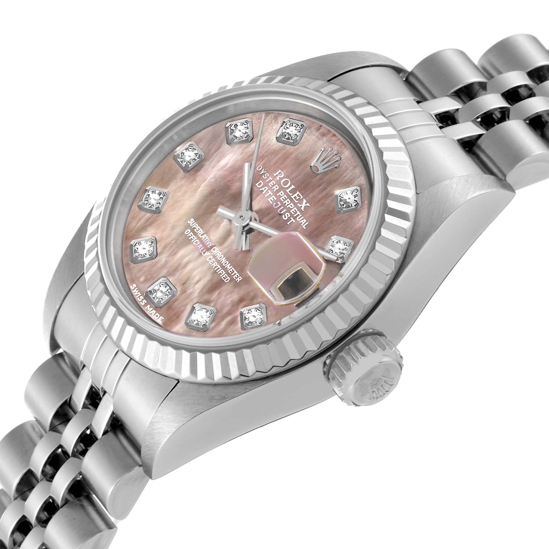 The Rolex Datejust 179174 Women
s Stainless Steel Mother of Pearl Dial 179174 Women
s Stainless Steel Mother of Pearl Dial watch is shown from a slight diagonal angle, highlighting the dial, bezel, crown, and part of the bracelet.