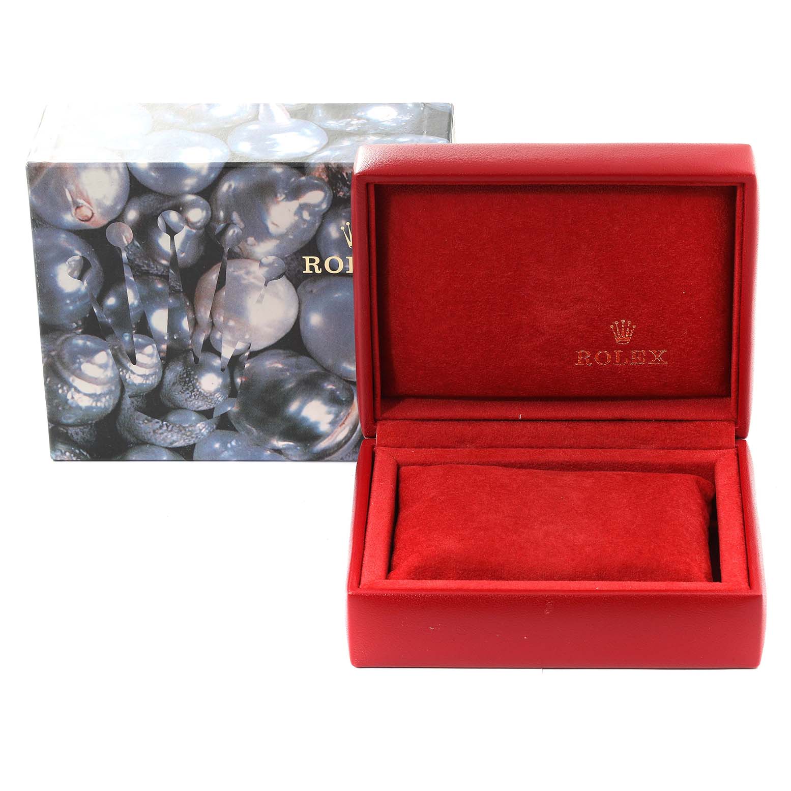 The image shows an open red Rolex Datejust 179174 Women
s Stainless Steel Mother of Pearl Dial 179174 Women
s Stainless Steel Mother of Pearl Dial watch box with a pillow inside, alongside its outer packaging.