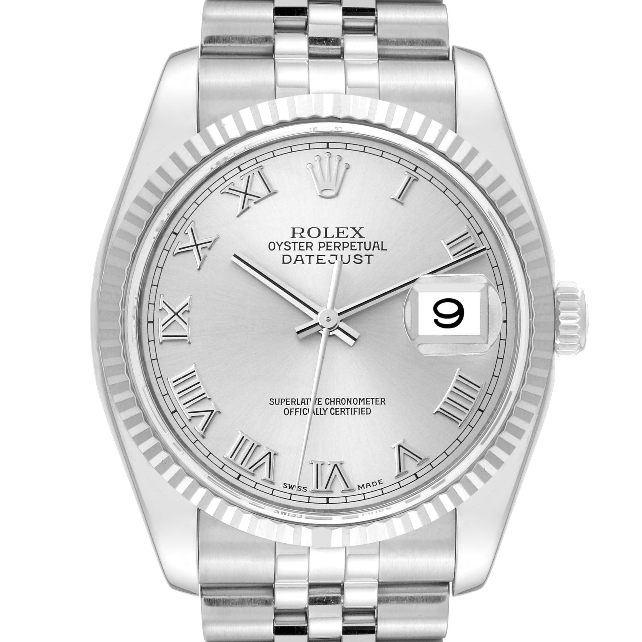 The image shows a frontal view of the Rolex Datejust 116234 Men's Stainless Steel Silver Dial 116234 Men's Stainless Steel Silver Dial watch, highlighting its silver dial, Roman numerals, fluted bezel, and date window.