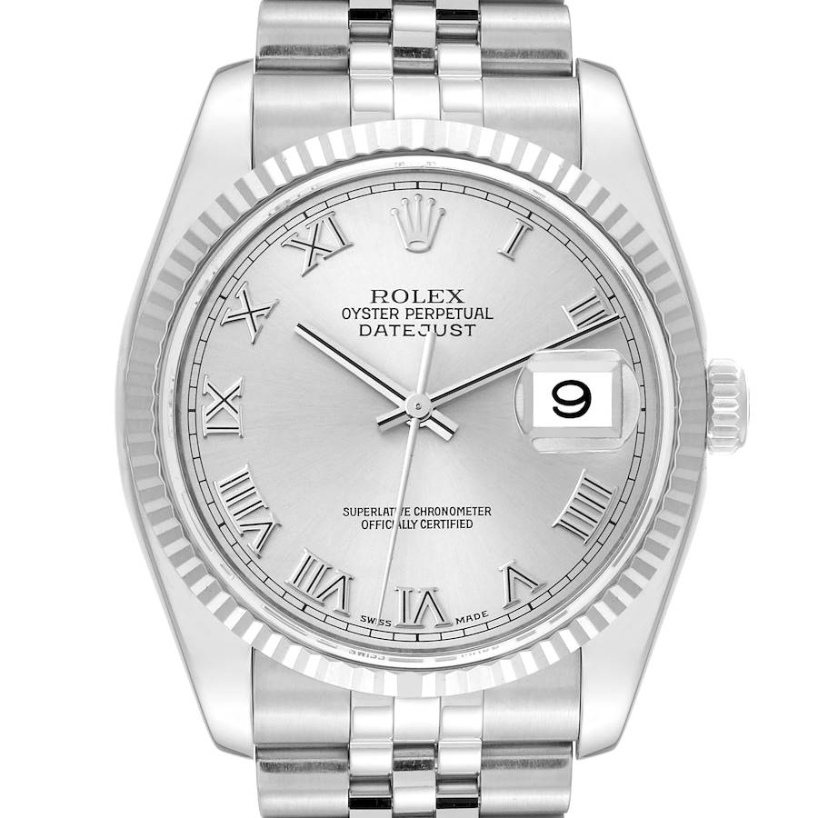 The image shows a frontal view of the Rolex Datejust watch, highlighting its silver dial, Roman numerals, fluted bezel, and date window.