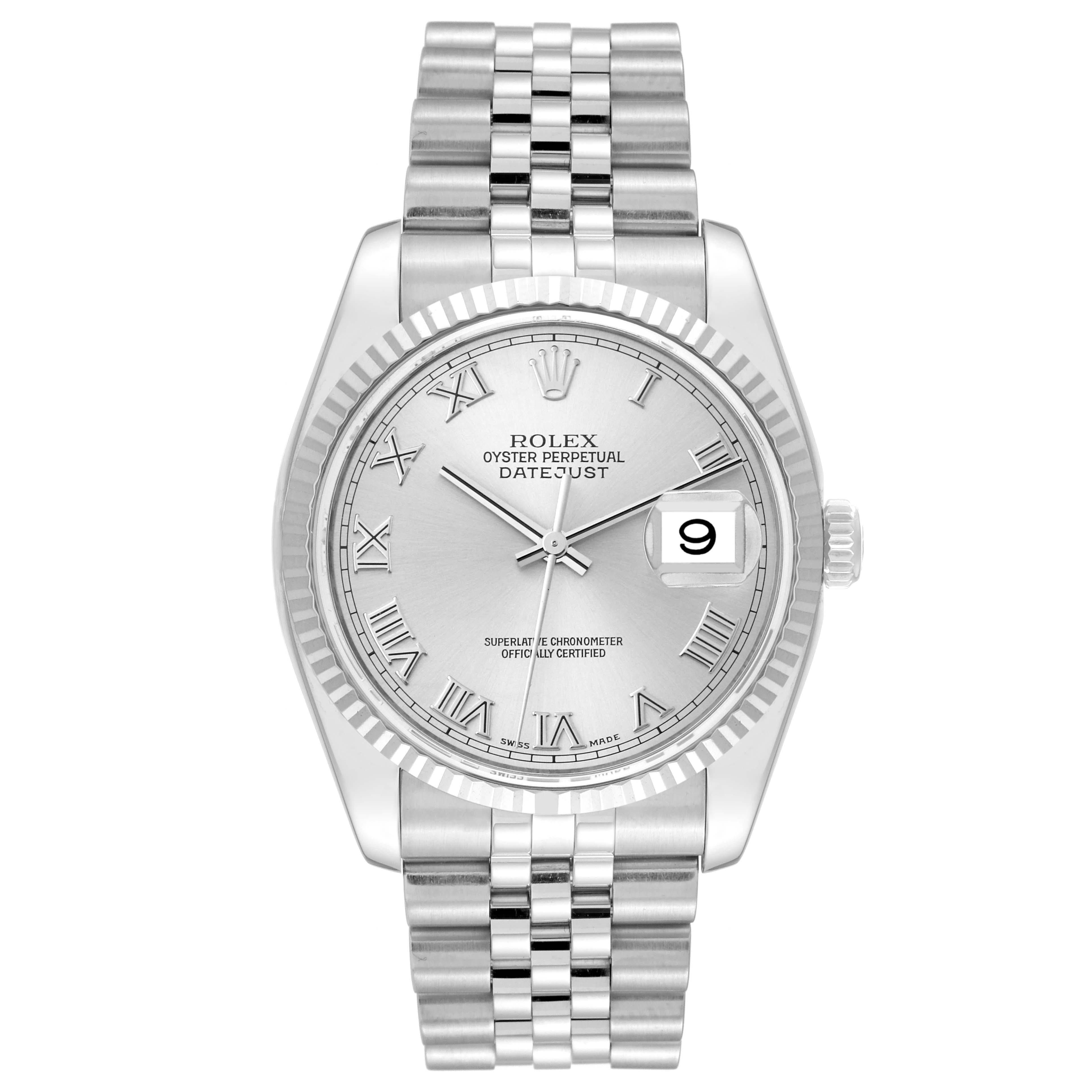 The image shows a frontal view of the Rolex Datejust 116234 Men's Stainless Steel Silver Dial 116234 Men's Stainless Steel Silver Dial watch, highlighting the dial, bezel, and bracelet.