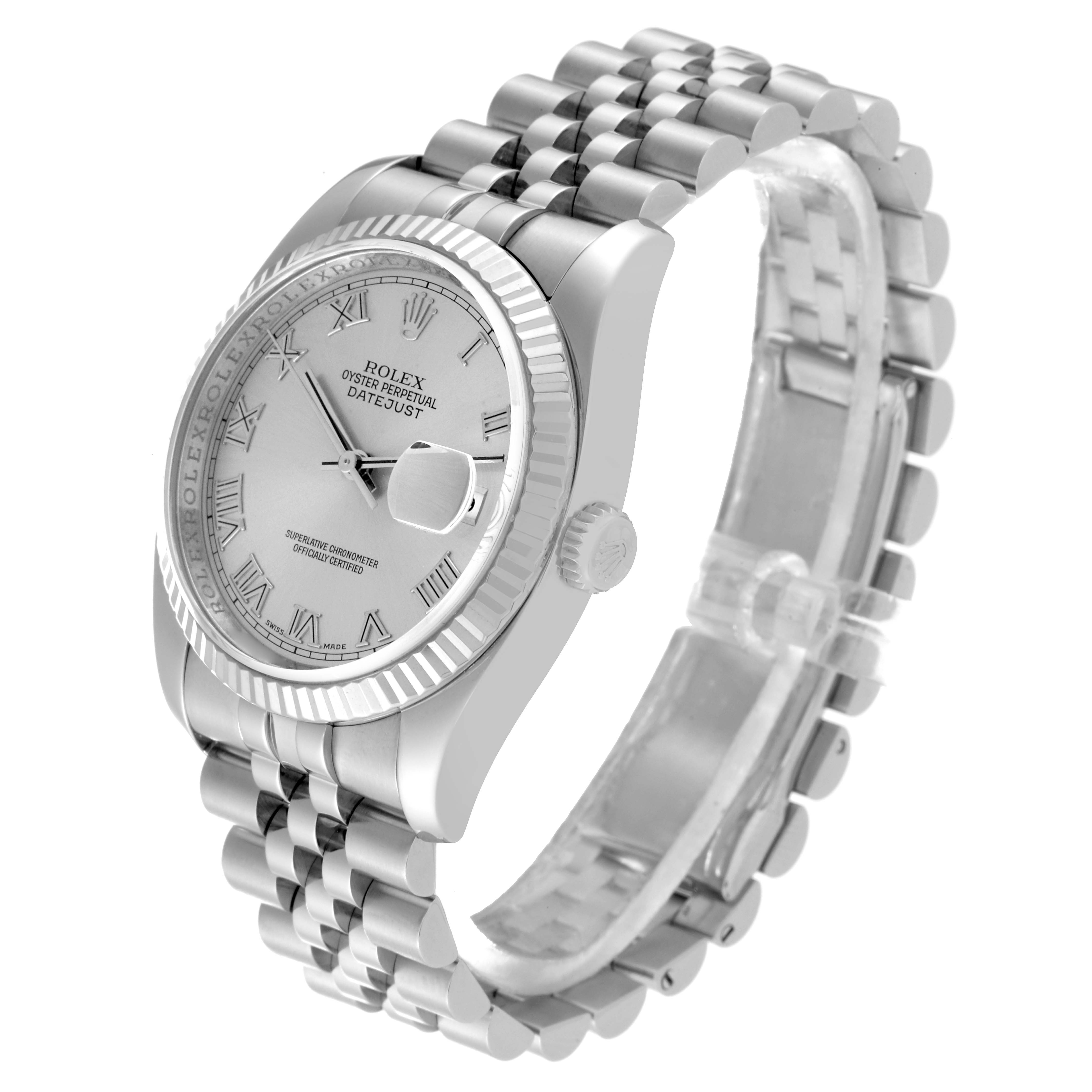 This image shows a Rolex Datejust 116234 Men's Stainless Steel Silver Dial 116234 Men's Stainless Steel Silver Dial watch at a three-quarter angle, displaying the face, bezel, crown, and bracelet.