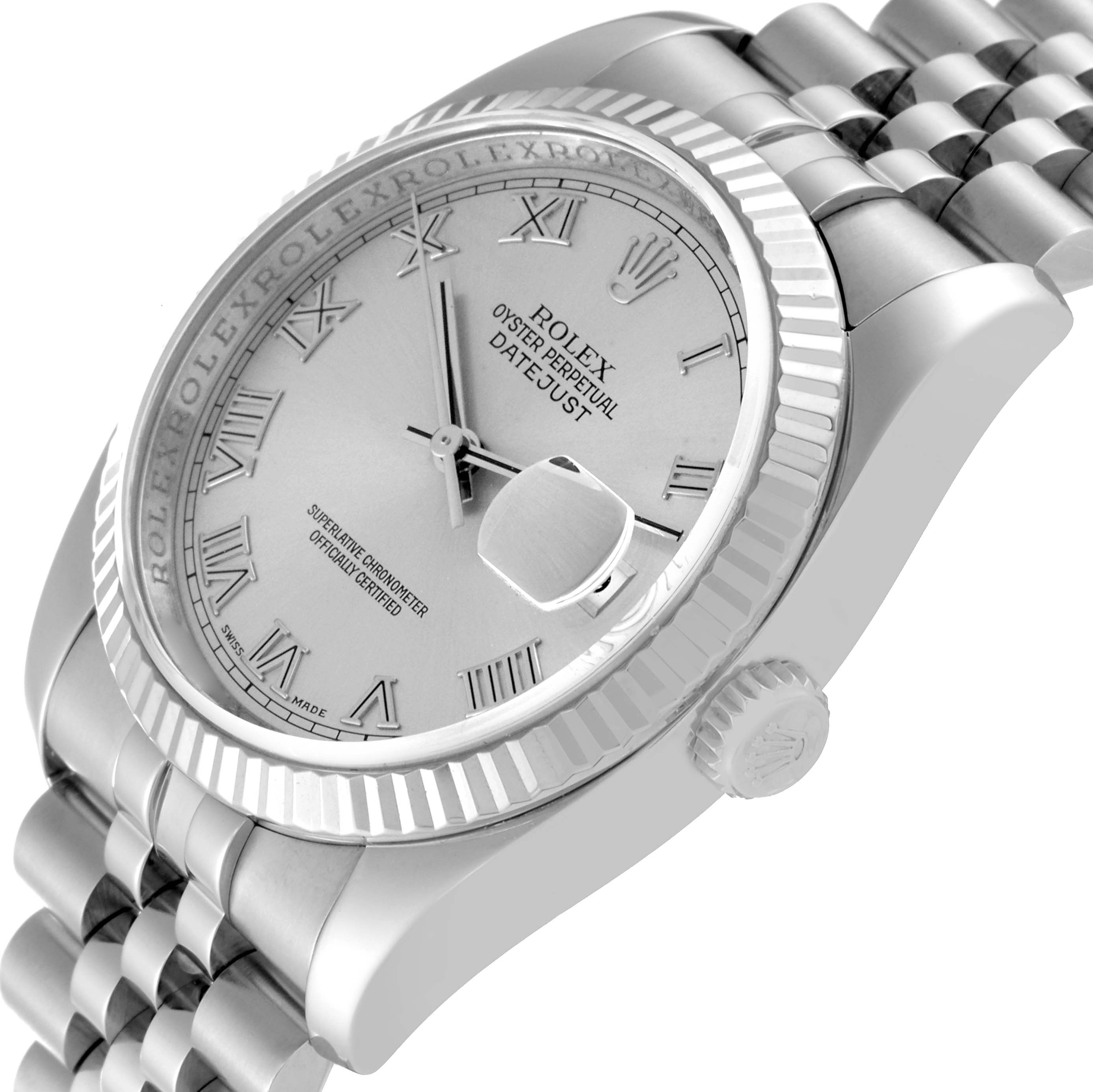 The image shows a Rolex Datejust 116234 Men's Stainless Steel Silver Dial 116234 Men's Stainless Steel Silver Dial watch at an oblique angle, highlighting the face, bezel, crown, and part of the bracelet.