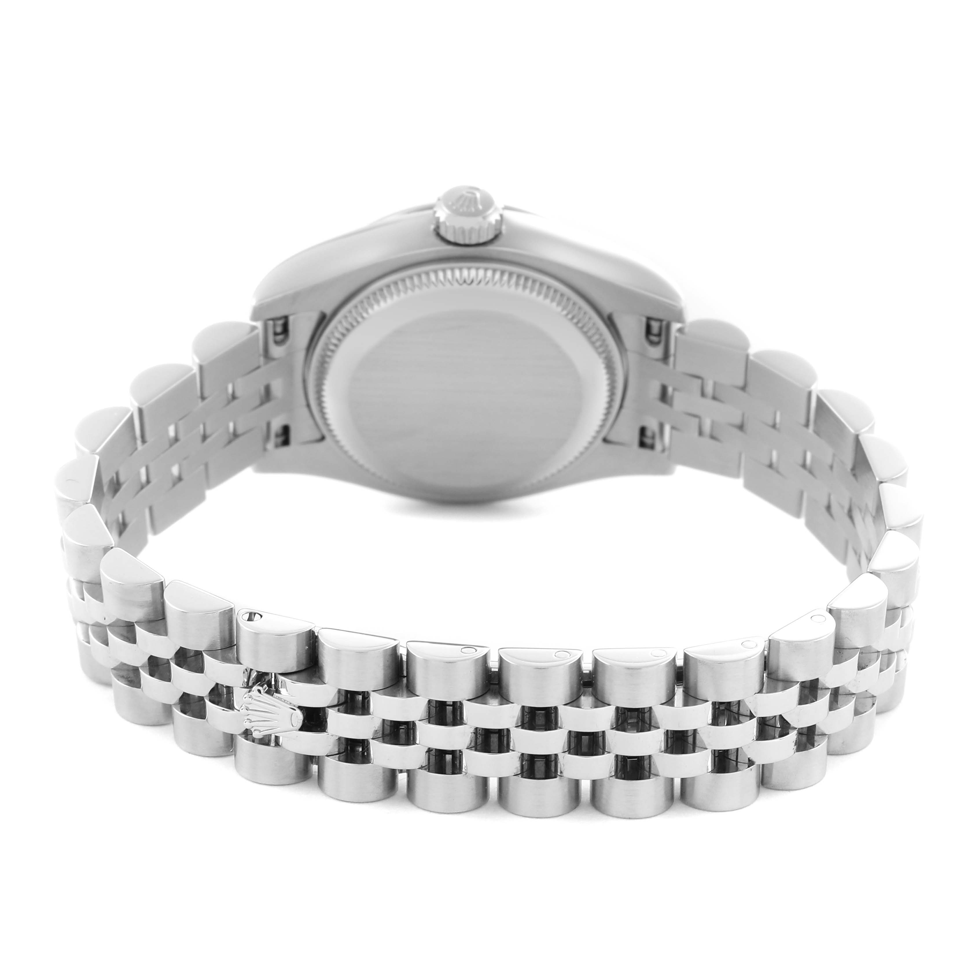 The image shows the back view of a Rolex Datejust 179174 Women's Stainless Steel White Dial 179174 Women's Stainless Steel White Dial watch, highlighting the case back and jubilee bracelet.