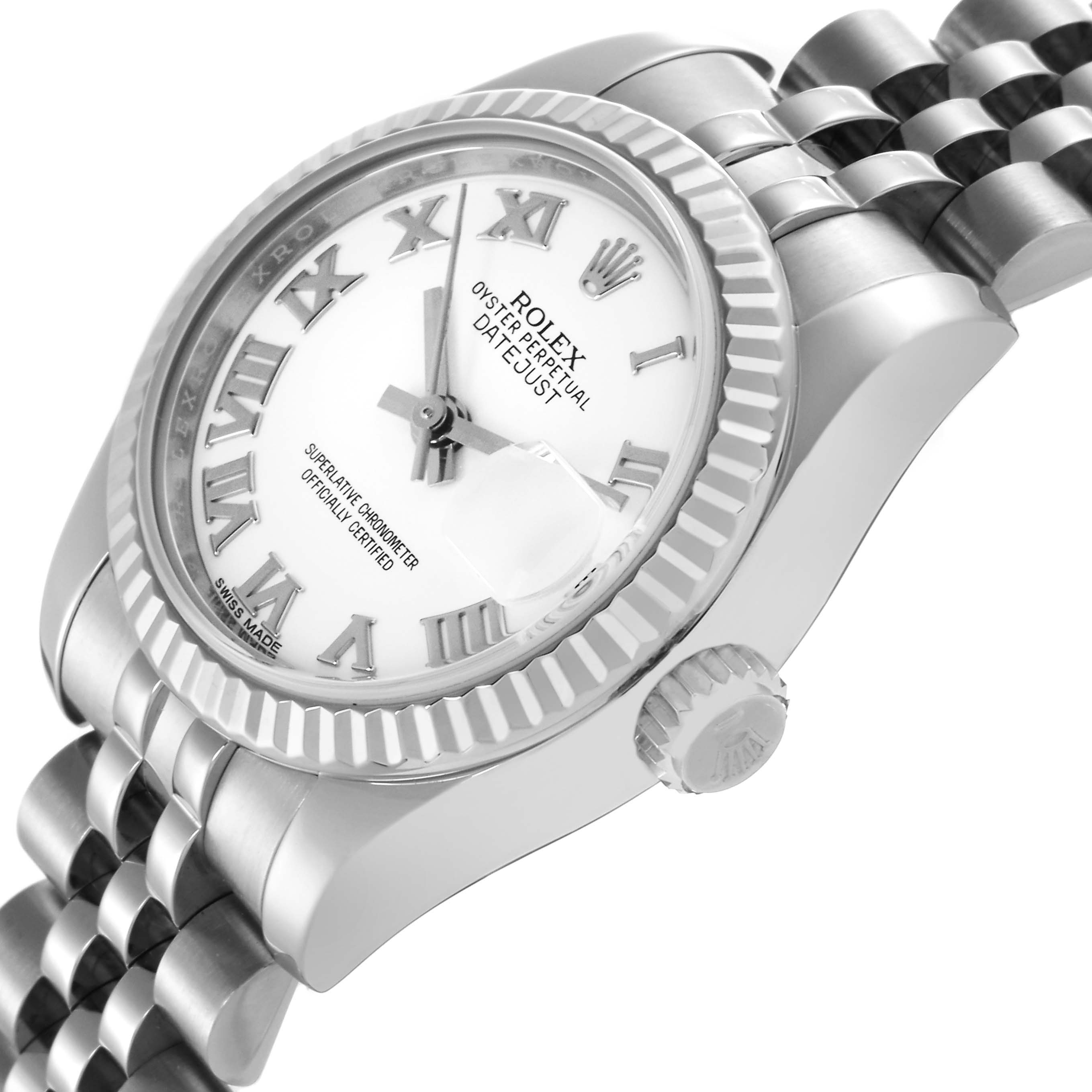 The Rolex Datejust 179174 Women's Stainless Steel White Dial 179174 Women's Stainless Steel White Dial watch is shown from a side angle featuring the dial, bezel, crown, and part of the bracelet.
