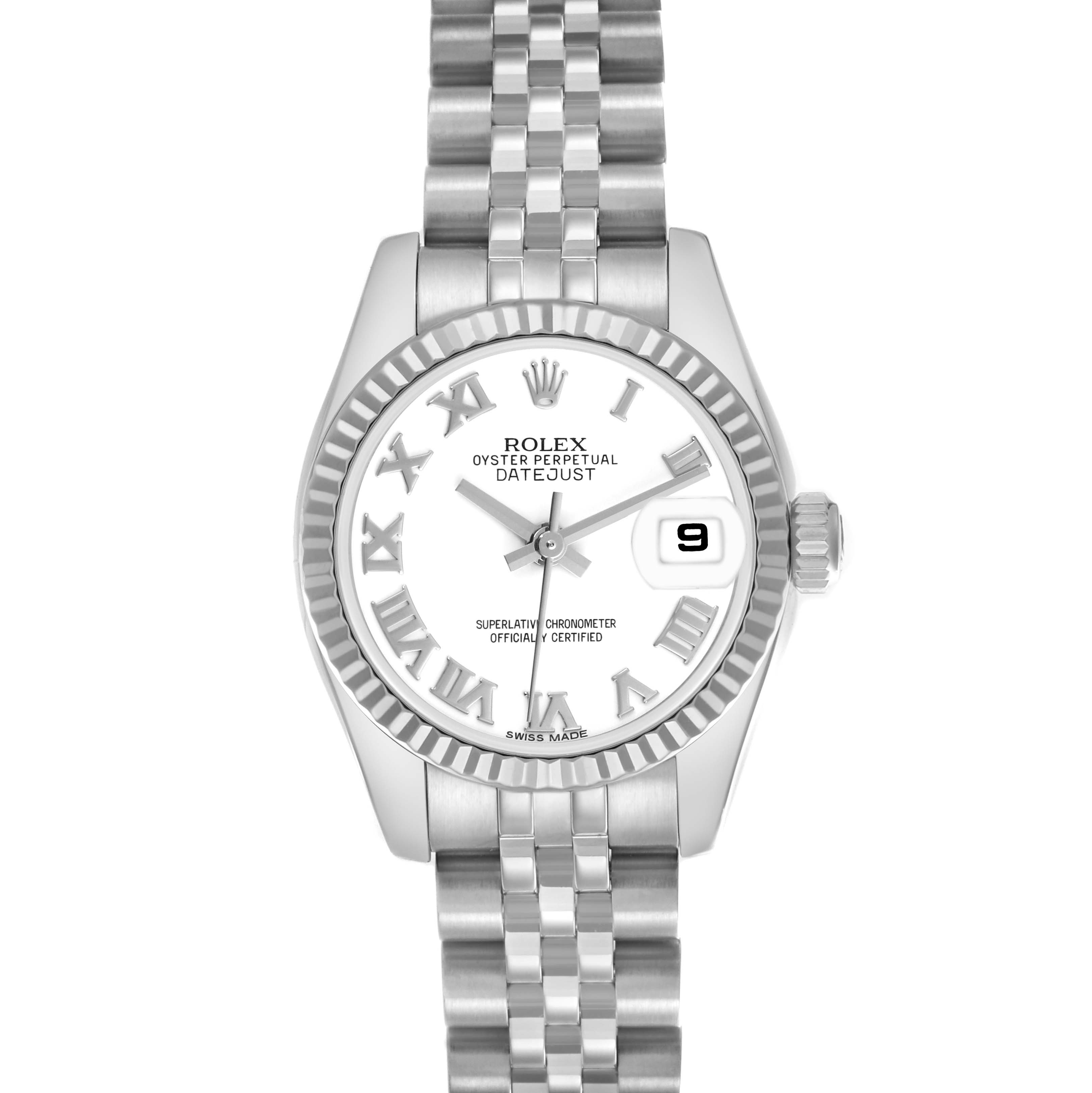 The Rolex Datejust 179174 Women's Stainless Steel White Dial 179174 Women's Stainless Steel White Dial watch is shown from a top-down angle, displaying its face, bezel, and part of the bracelet.