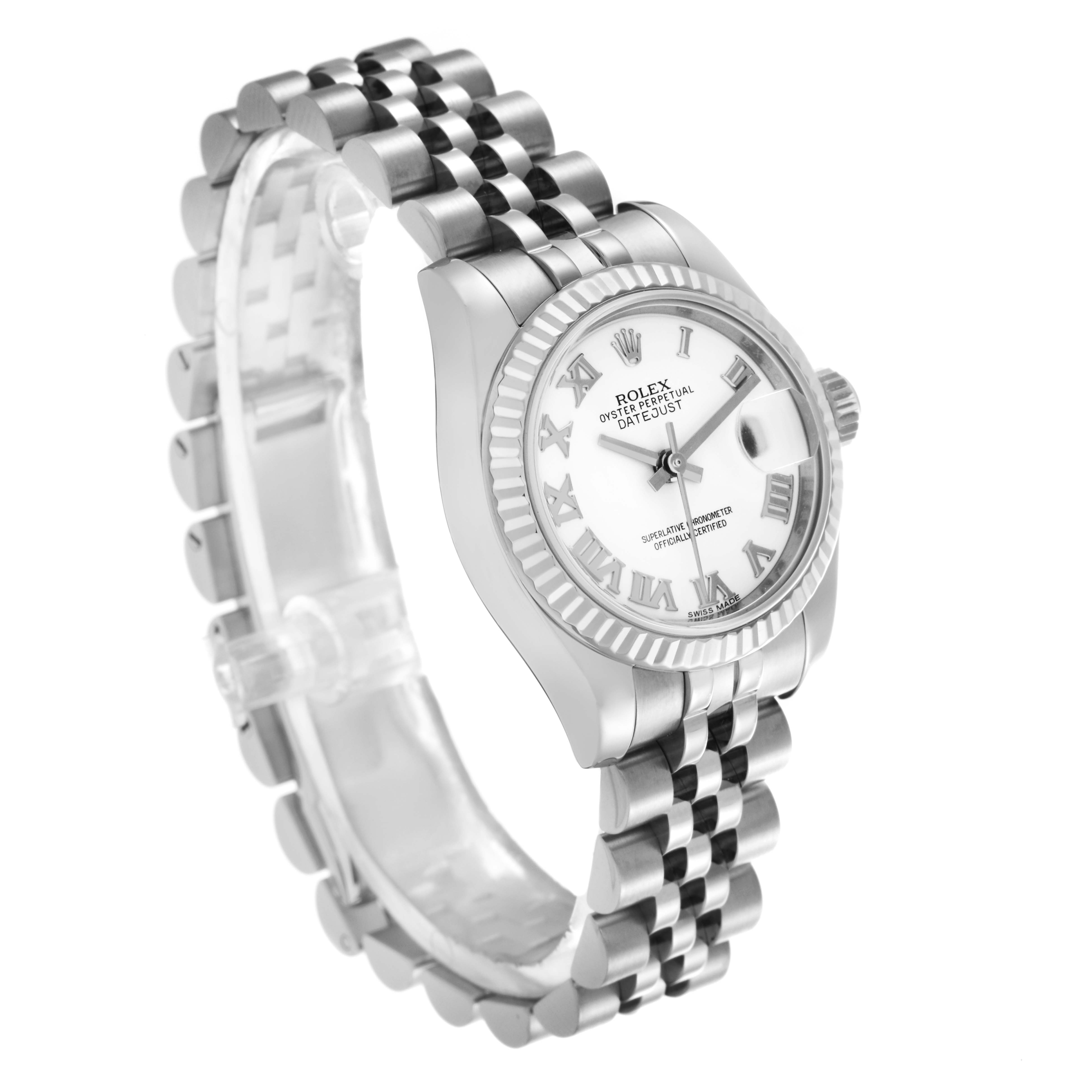 The Rolex Datejust 179174 Women's Stainless Steel White Dial 179174 Women's Stainless Steel White Dial watch is shown at a three-quarter angle, displaying the face, bezel, and bracelet.