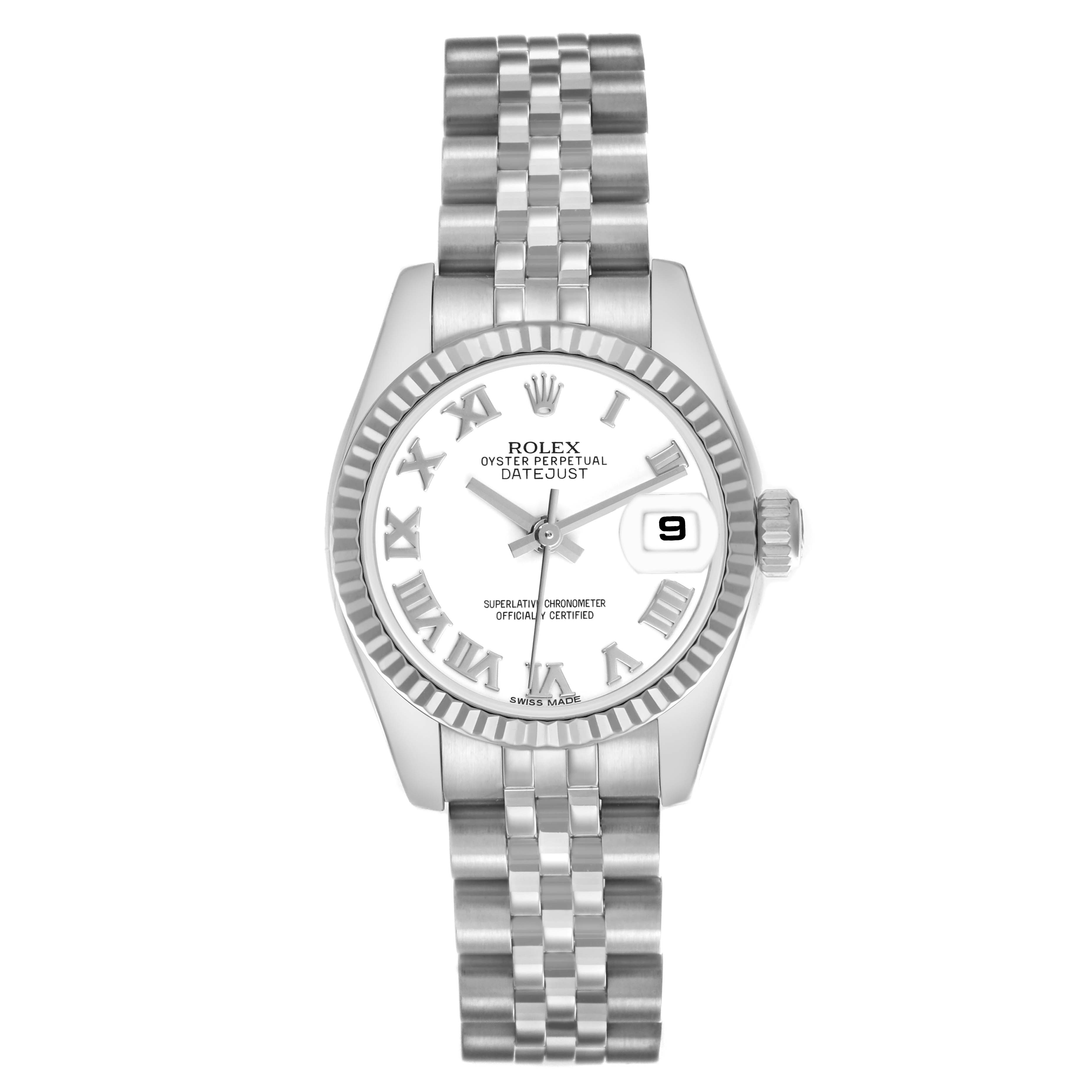 The Rolex Datejust 179174 Women's Stainless Steel White Dial 179174 Women's Stainless Steel White Dial watch is shown from a top-down angle, displaying the dial, bezel, and bracelet.