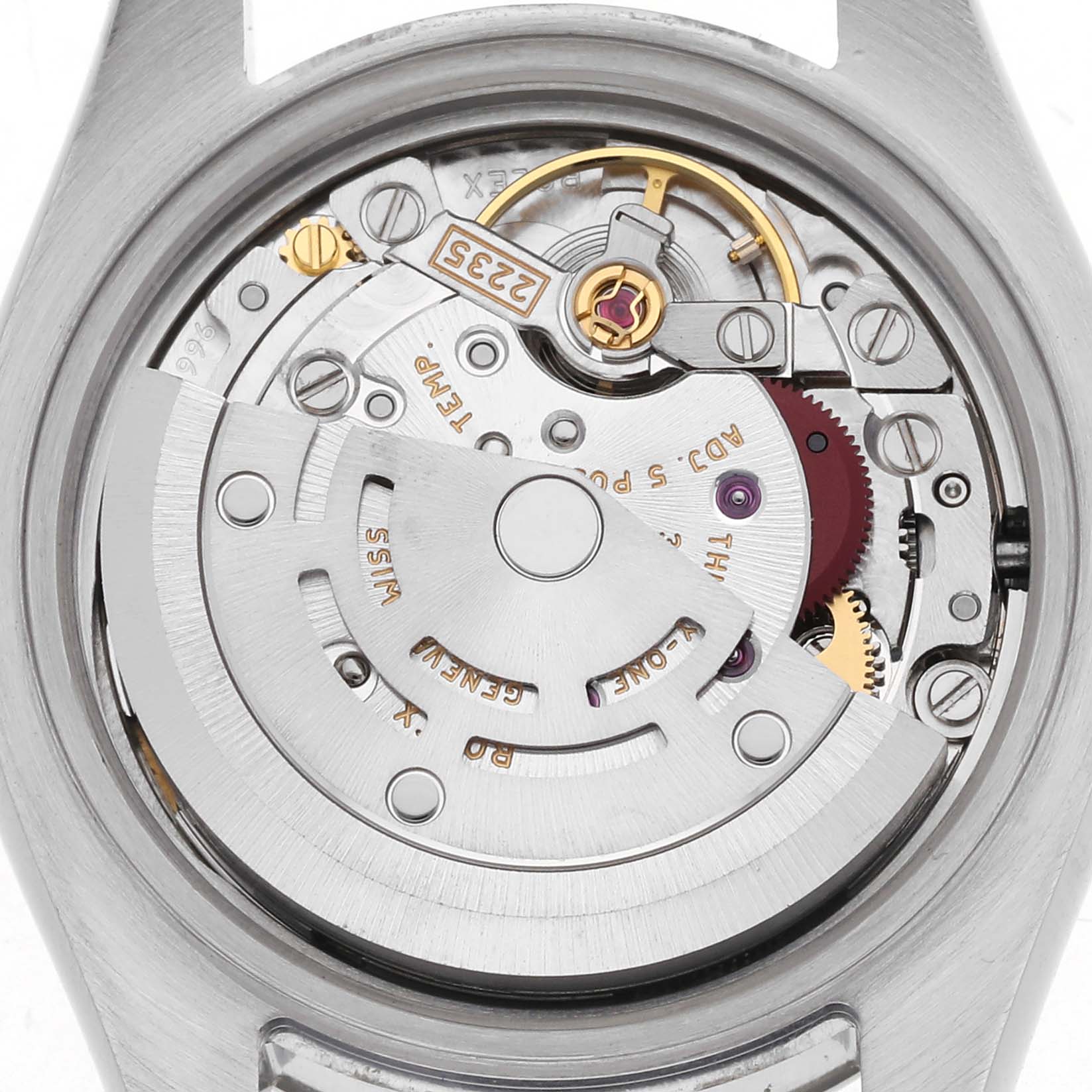 The image shows the movement mechanism of a Rolex Datejust 179174 Women's Stainless Steel White Dial 179174 Women's Stainless Steel White Dial watch from a back angle.