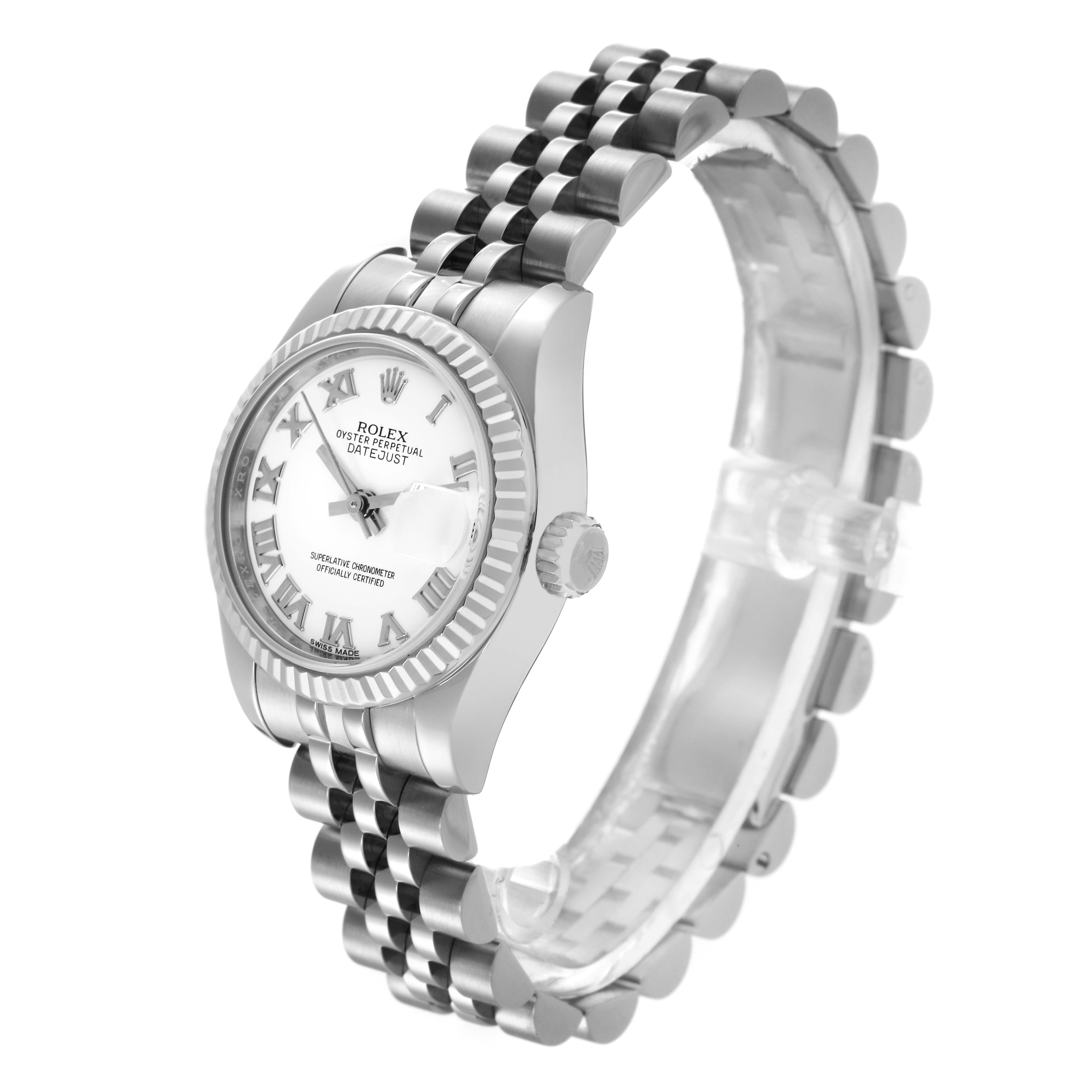 The Rolex Datejust 179174 Women's Stainless Steel White Dial 179174 Women's Stainless Steel White Dial watch is shown at an angled side view, displaying the face, bezel, crown, and Jubilee bracelet.