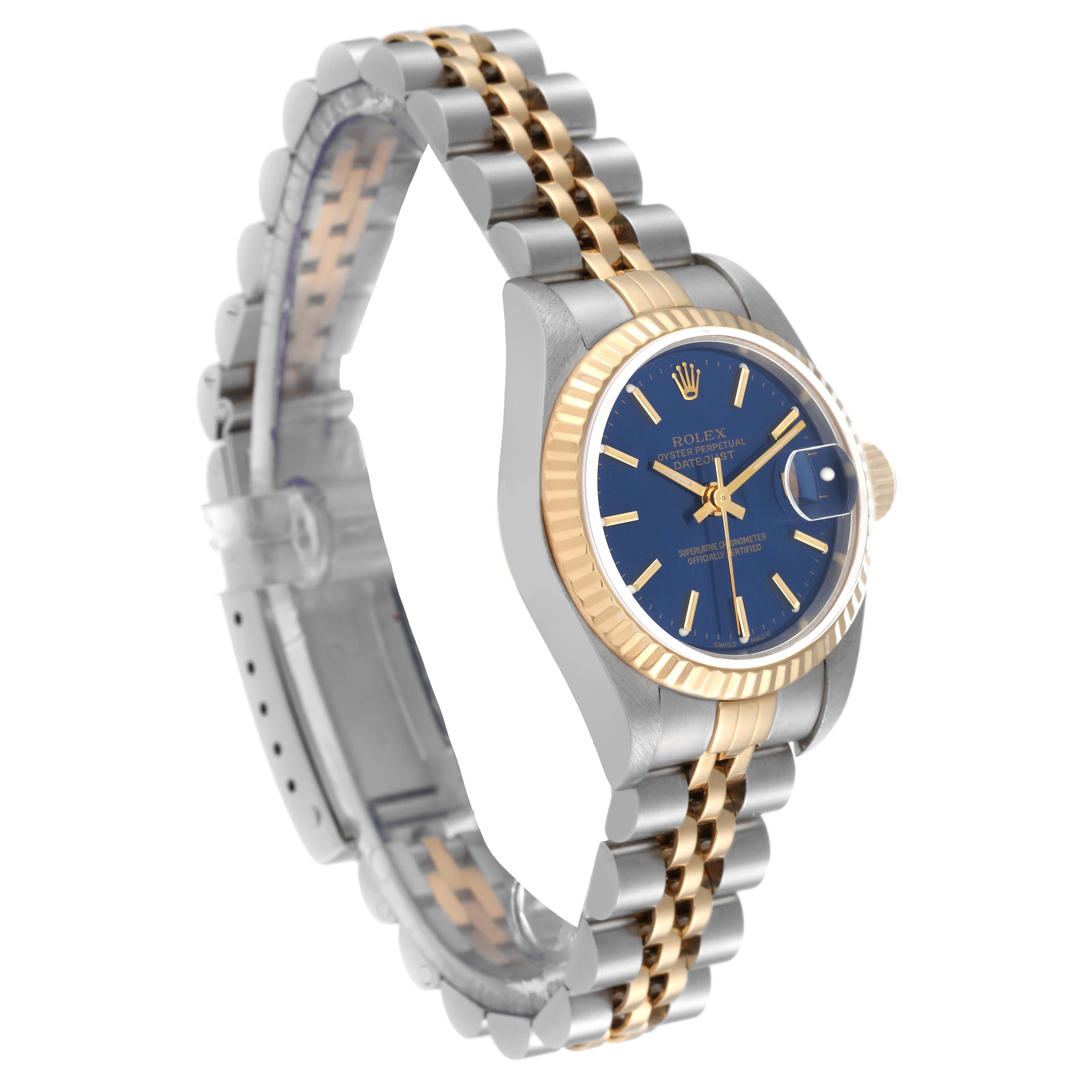 The Rolex Datejust 79173 Women's Steel and Gold (two tone) Blue Dial 79173 Women's Steel and Gold (two tone) Blue Dial watch is shown at a 45-degree angle, highlighting the dial, bezel, crown, and jubilee bracelet.