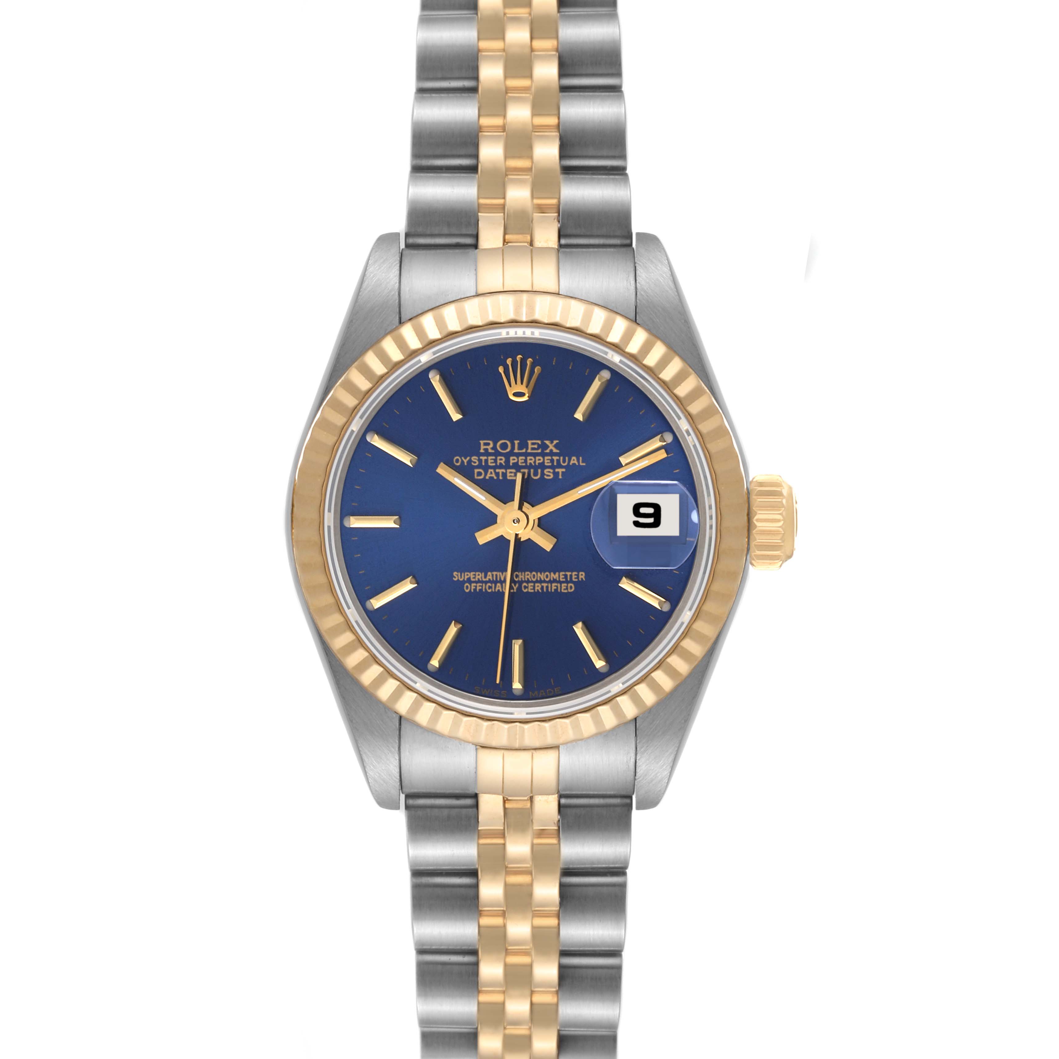 This image shows a Rolex Datejust 79173 Women's Steel and Gold (two tone) Blue Dial 79173 Women's Steel and Gold (two tone) Blue Dial watch from a front angle, displaying its blue dial, gold fluted bezel, and two-tone bracelet.