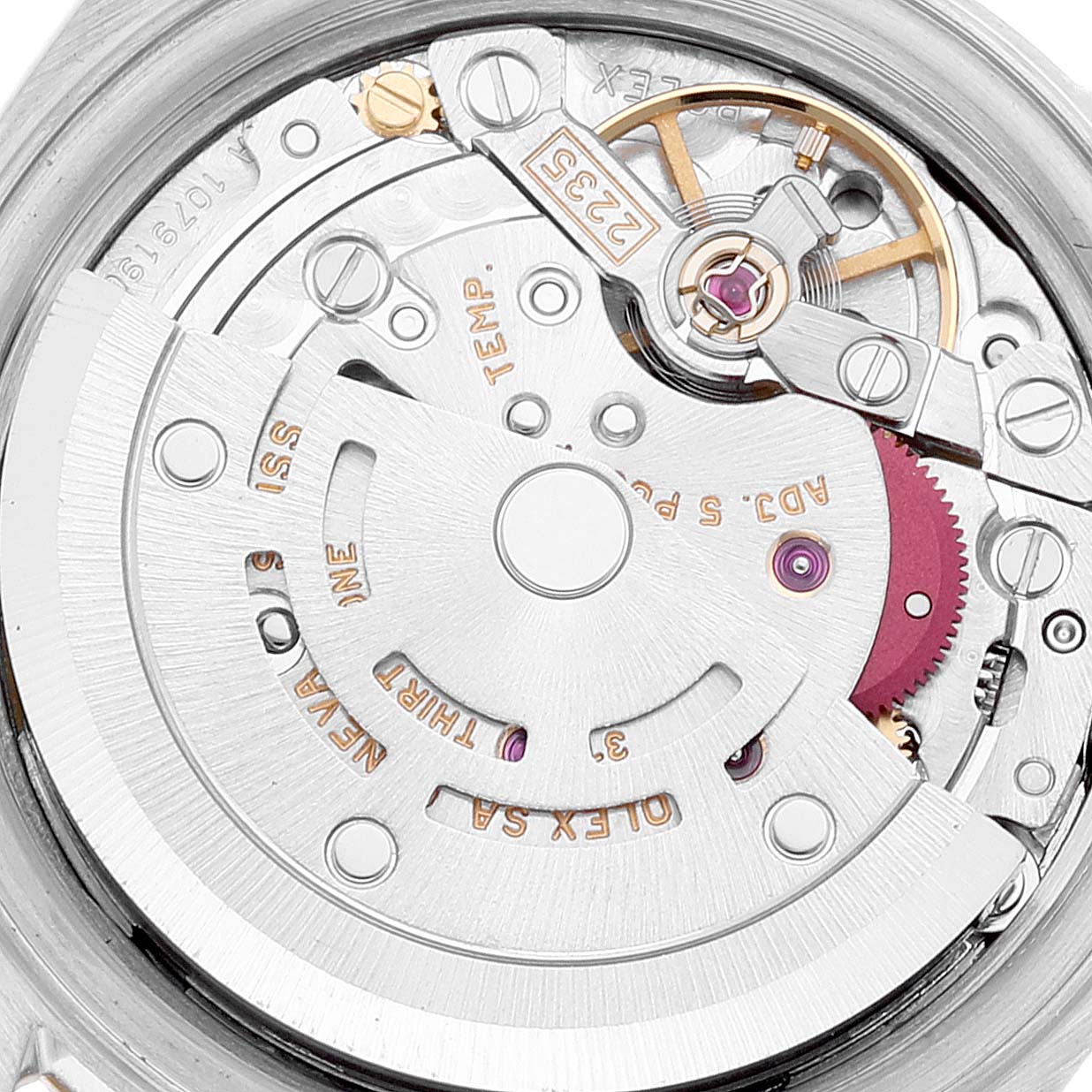 The image shows a close-up view of the movement mechanism of a Rolex Datejust 79173 Women's Steel and Gold (two tone) Blue Dial 79173 Women's Steel and Gold (two tone) Blue Dial watch.