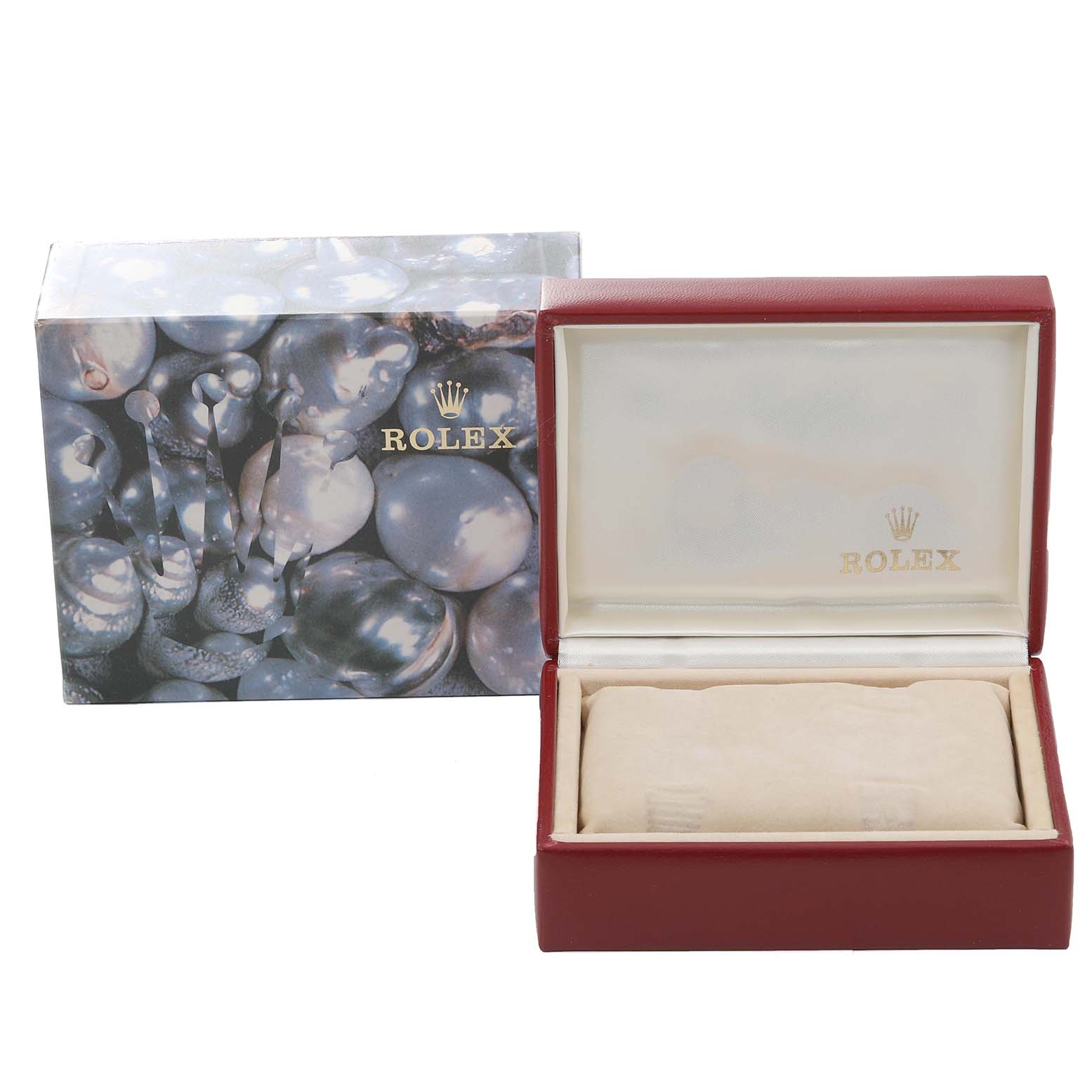 The image shows a Rolex Datejust 79173 Women's Steel and Gold (two tone) Blue Dial 79173 Women's Steel and Gold (two tone) Blue Dial watch box and an outer decorative case, both partially open and empty.