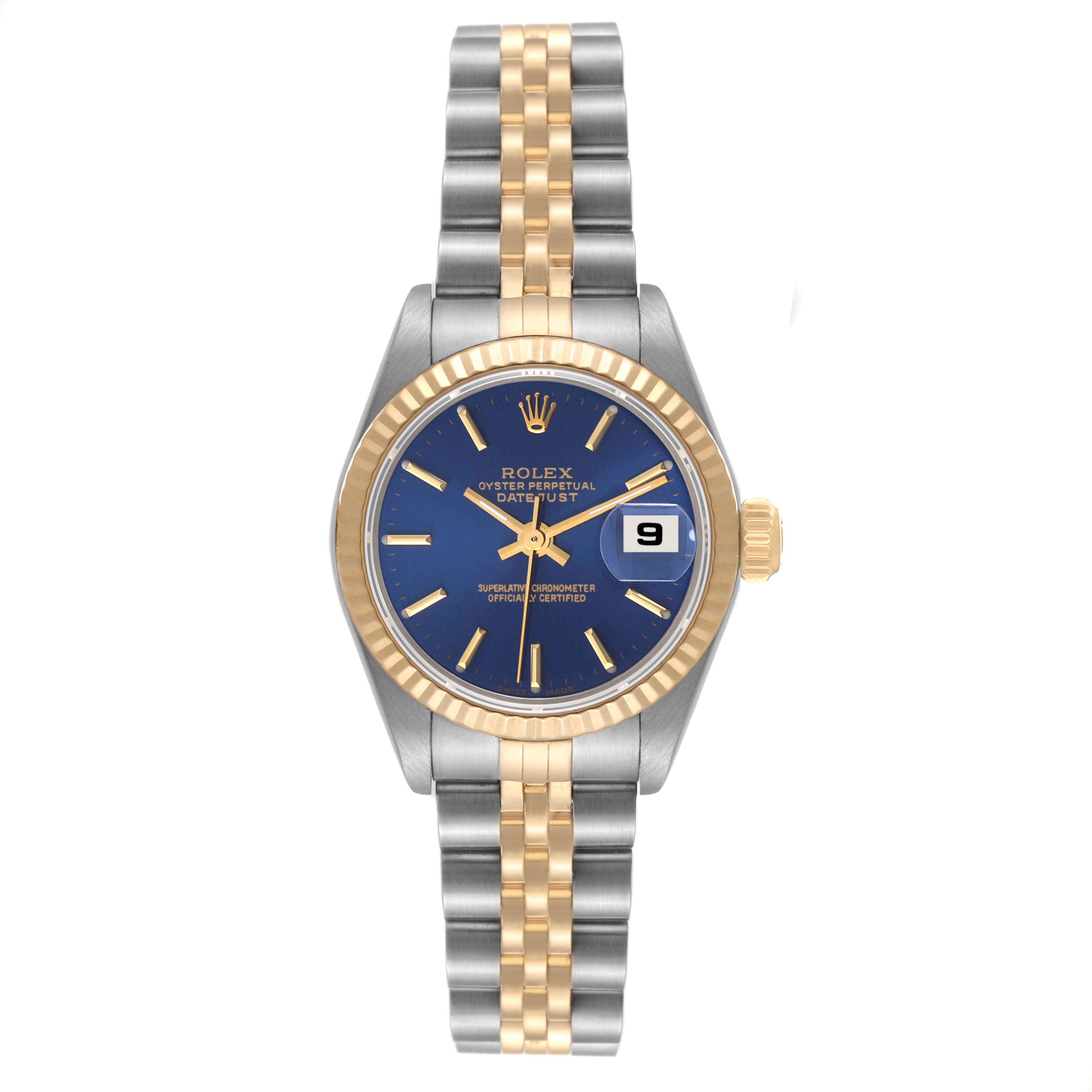 This is a front view of a Rolex Datejust 79173 Women's Steel and Gold (two tone) Blue Dial 79173 Women's Steel and Gold (two tone) Blue Dial with a blue dial, gold fluted bezel, and a two-tone silver and gold bracelet.