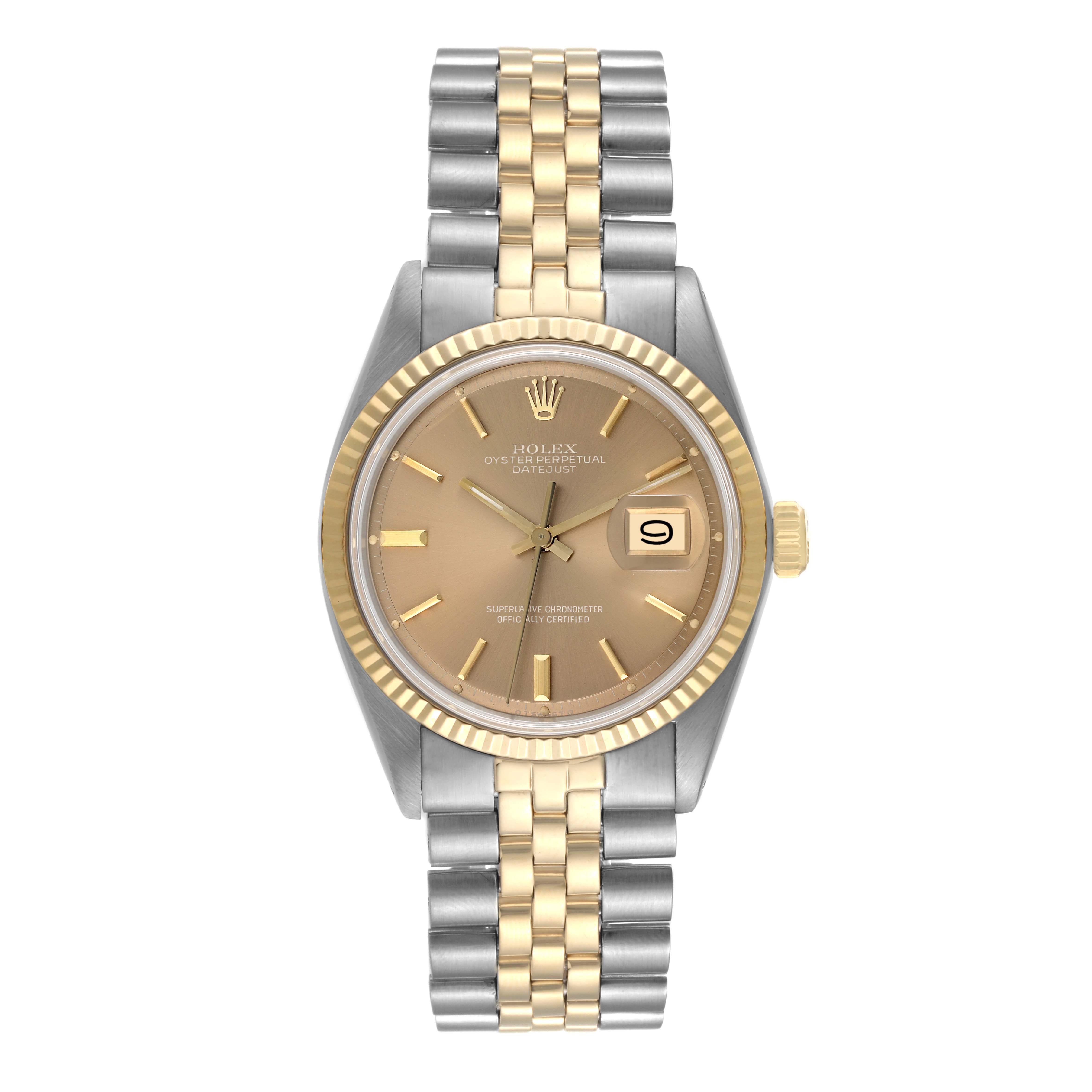 This image shows a Rolex Datejust 1601 Men's Steel and Gold (two tone) Brown Dial 1601 Men's Steel and Gold (two tone) Brown Dial watch from the front, highlighting its two-tone bracelet, bezel, dial, and date window.