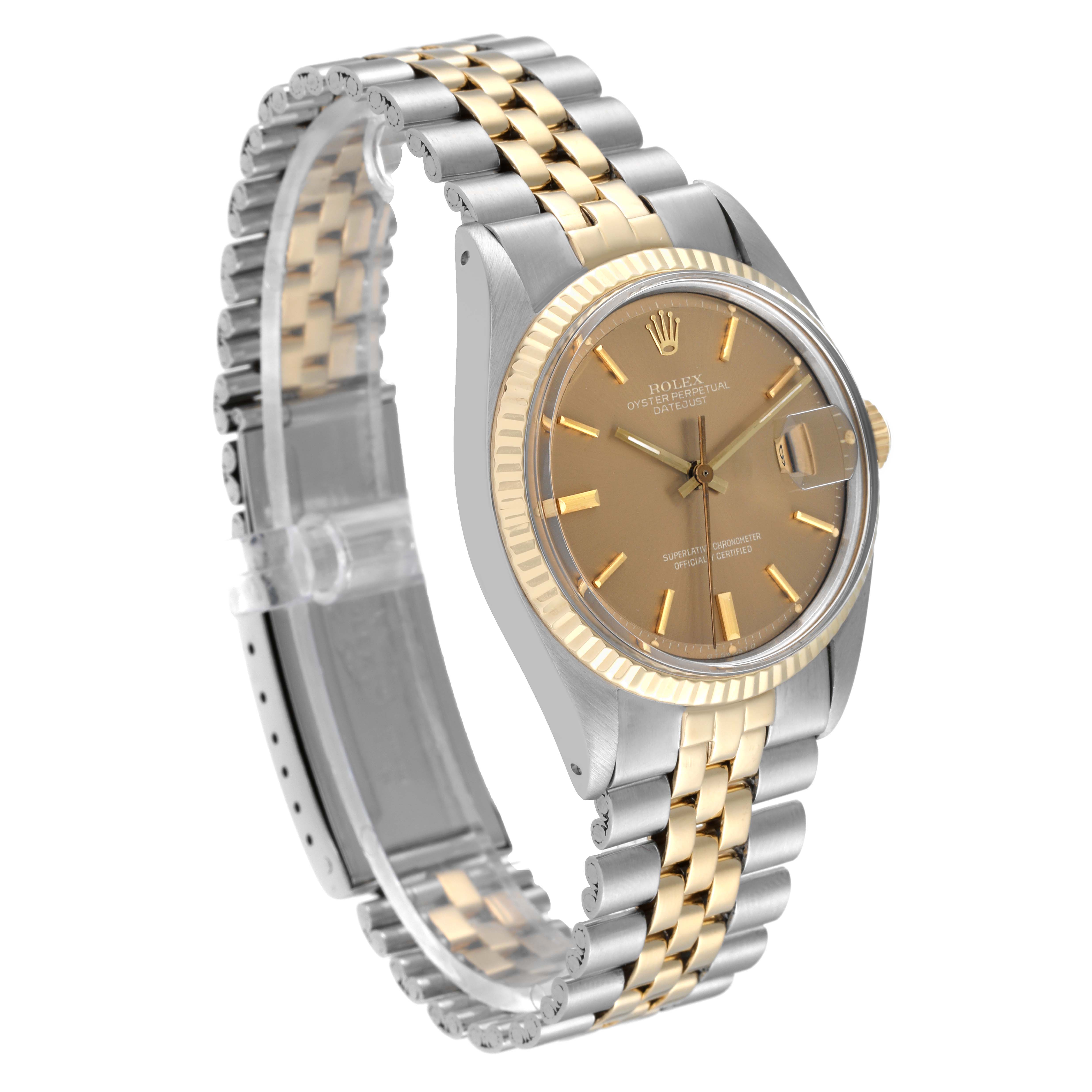 The image shows a side view of a Rolex Datejust 1601 Men's Steel and Gold (two tone) Brown Dial 1601 Men's Steel and Gold (two tone) Brown Dial watch, highlighting its two-tone bracelet and dial.