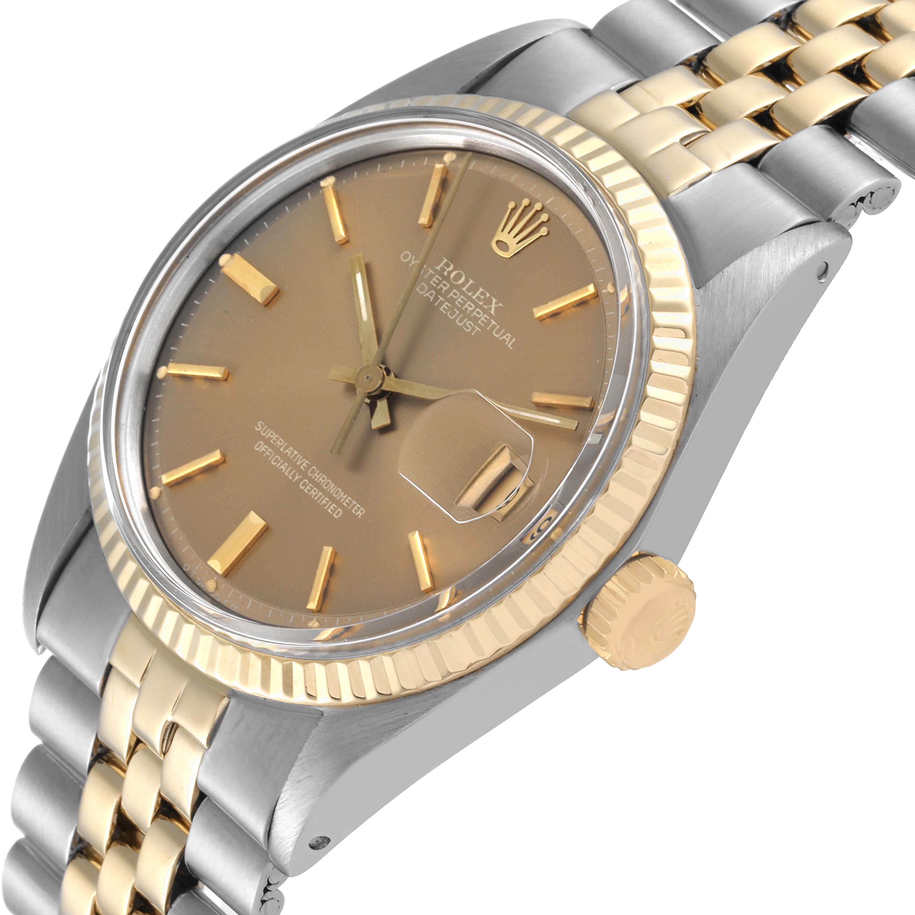 This image shows a close-up angled view of a Rolex Datejust 1601 Men's Steel and Gold (two tone) Brown Dial 1601 Men's Steel and Gold (two tone) Brown Dial watch, highlighting its dial, crown, bezel, and bracelet.