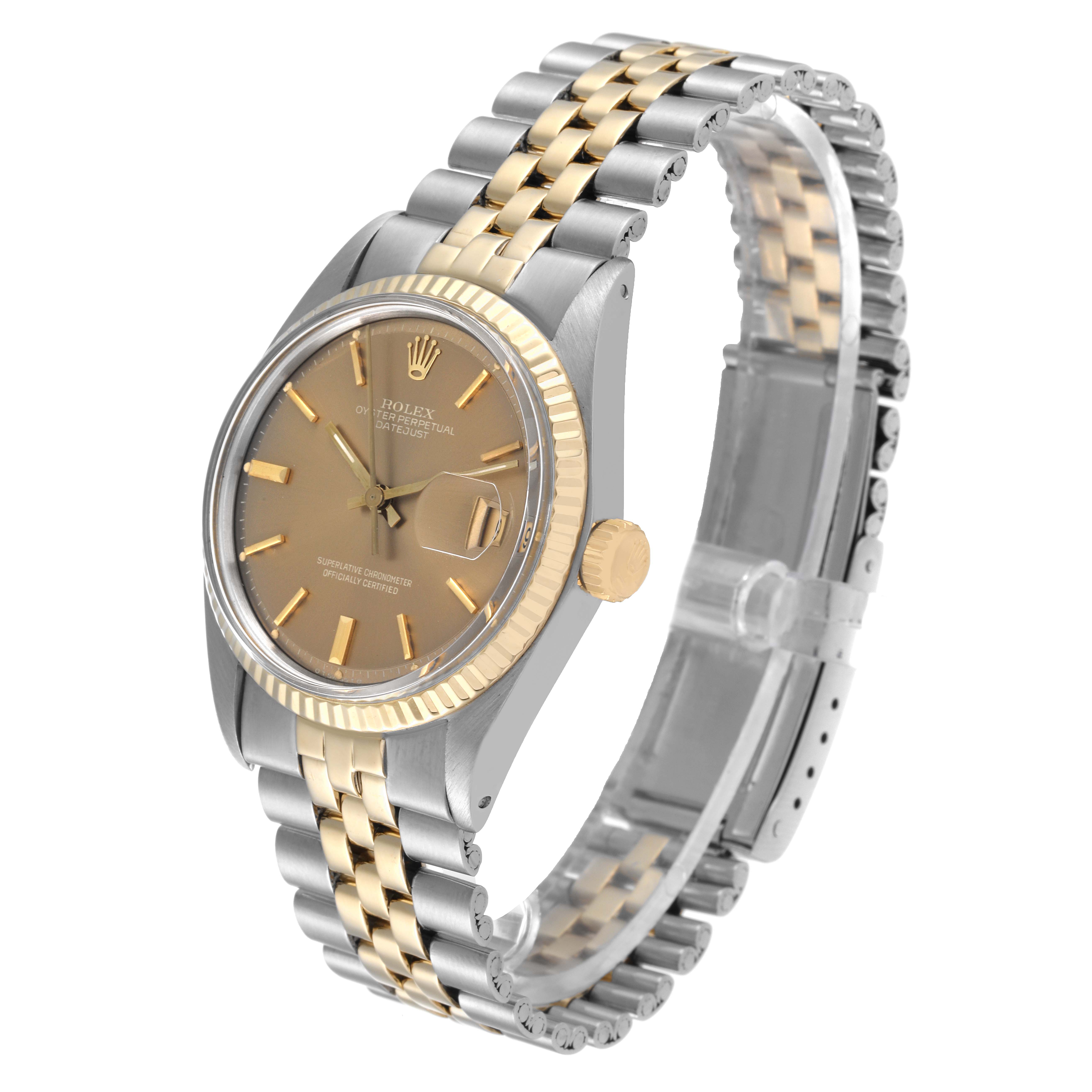 This Rolex Datejust 1601 Men's Steel and Gold (two tone) Brown Dial 1601 Men's Steel and Gold (two tone) Brown Dial watch is shown at an angle highlighting the face, bezel, crown, and two-tone bracelet.