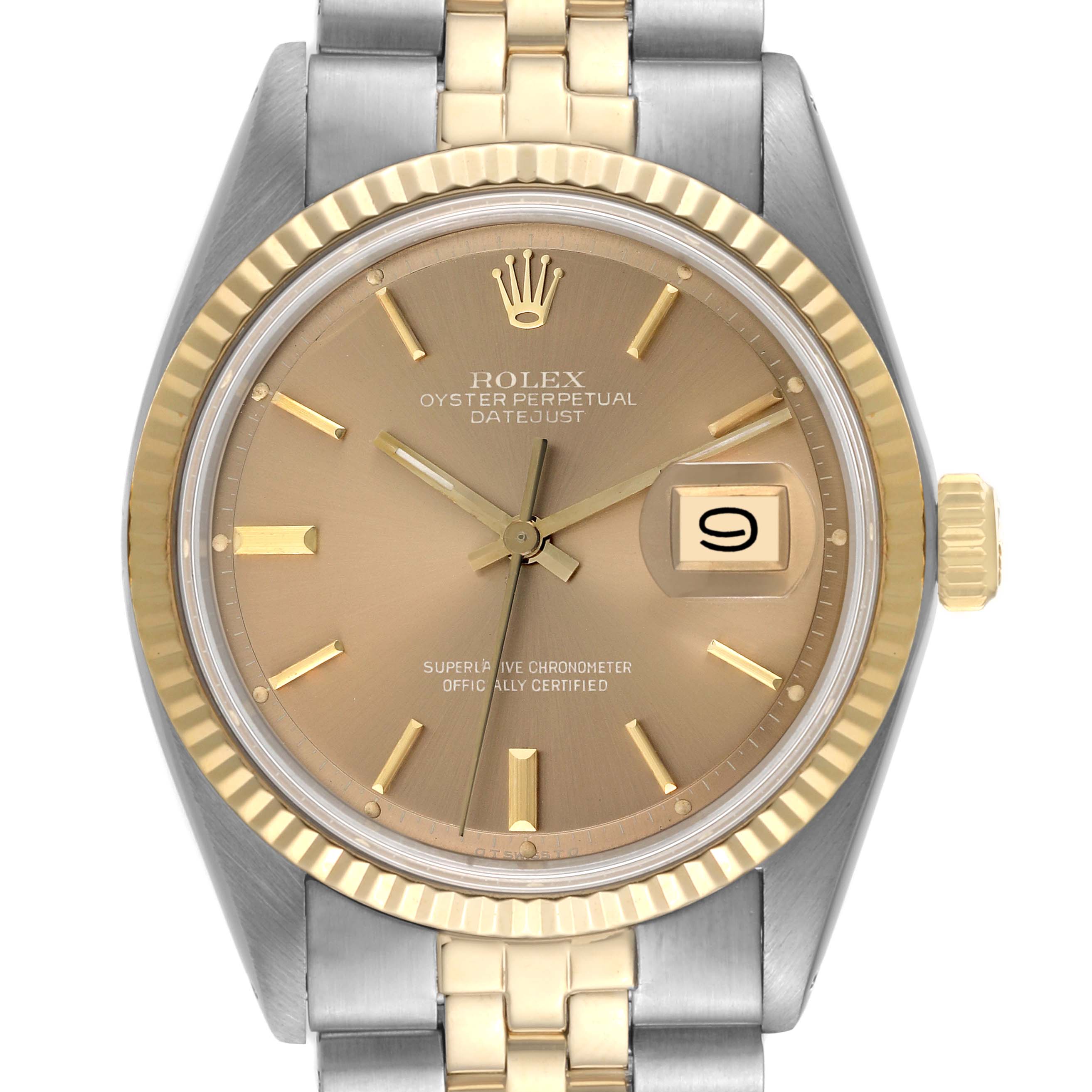The Rolex Datejust 1601 Men's Steel and Gold (two tone) Brown Dial 1601 Men's Steel and Gold (two tone) Brown Dial watch is shown from a front angle, highlighting the dial, date display, bezel, and bracelet.