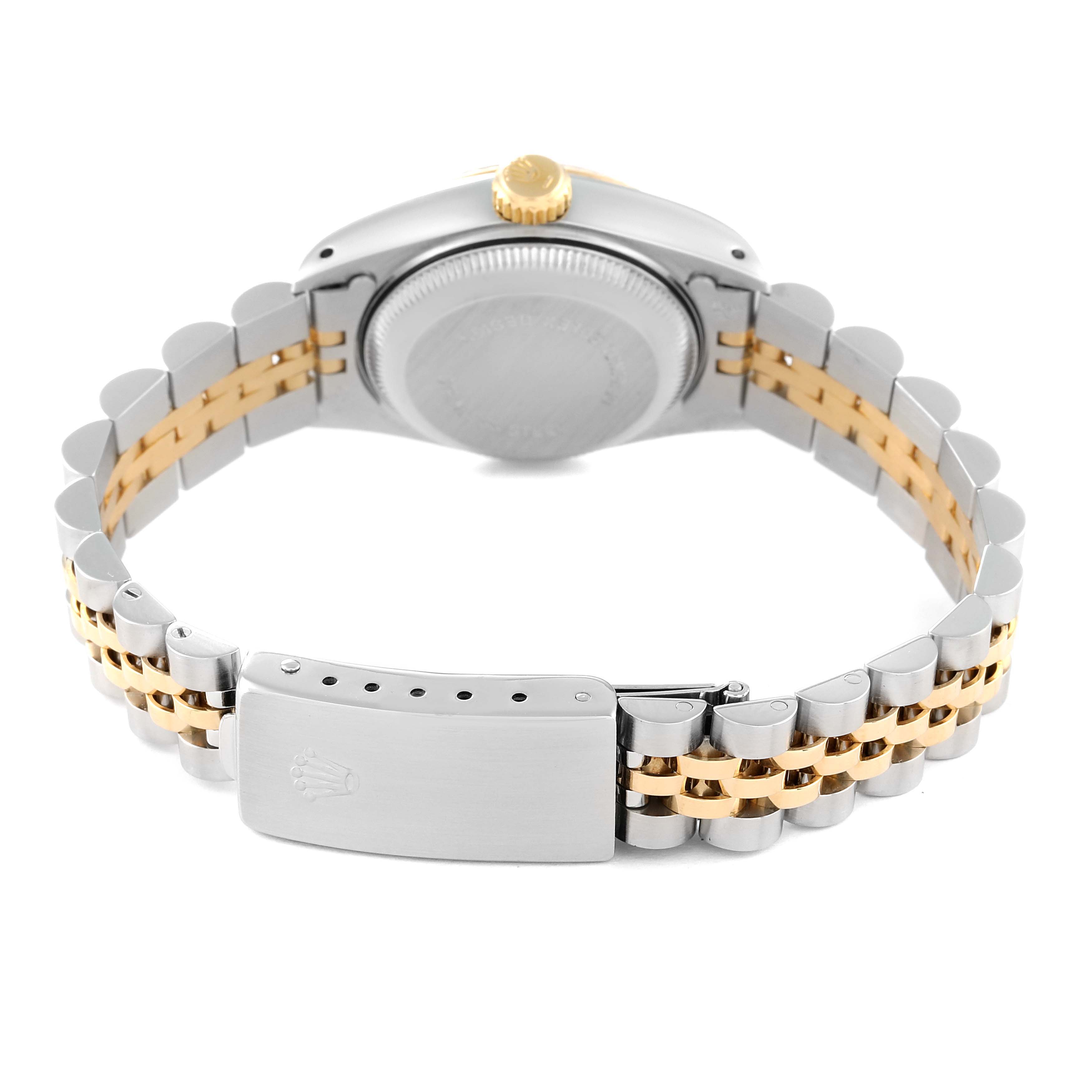 This image shows the back view of a Rolex Datejust 69173 Women's Steel and Gold (two tone) Champagne Dial 69173 Women's Steel and Gold (two tone) Champagne Dial watch, focusing on its case back, crown, and two-tone bracelet.