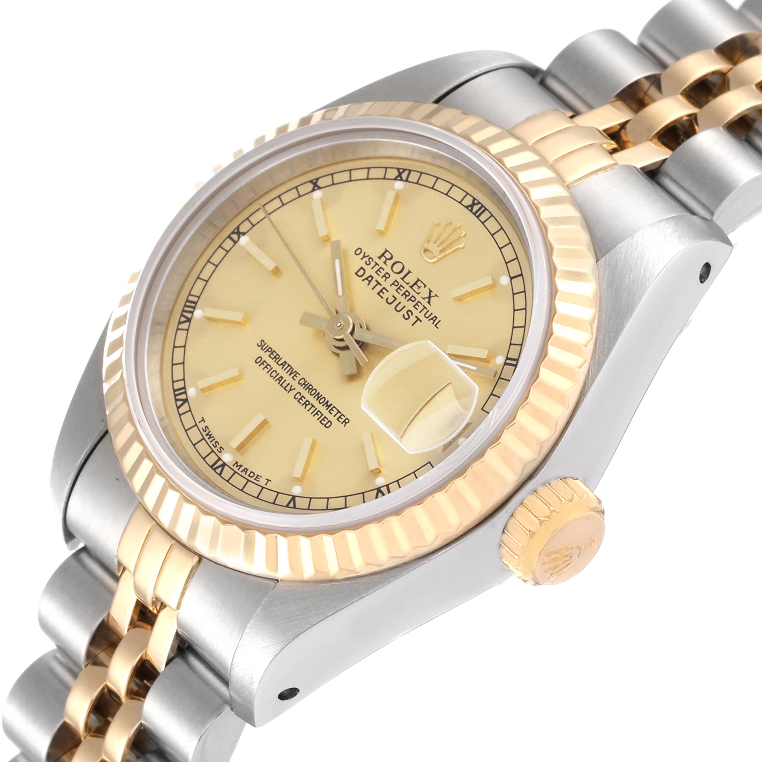 The Rolex Datejust 69173 Women's Steel and Gold (two tone) Champagne Dial 69173 Women's Steel and Gold (two tone) Champagne Dial watch is shown at an angled view, highlighting the dial, fluted bezel, crown, and part of the Jubilee bracelet.