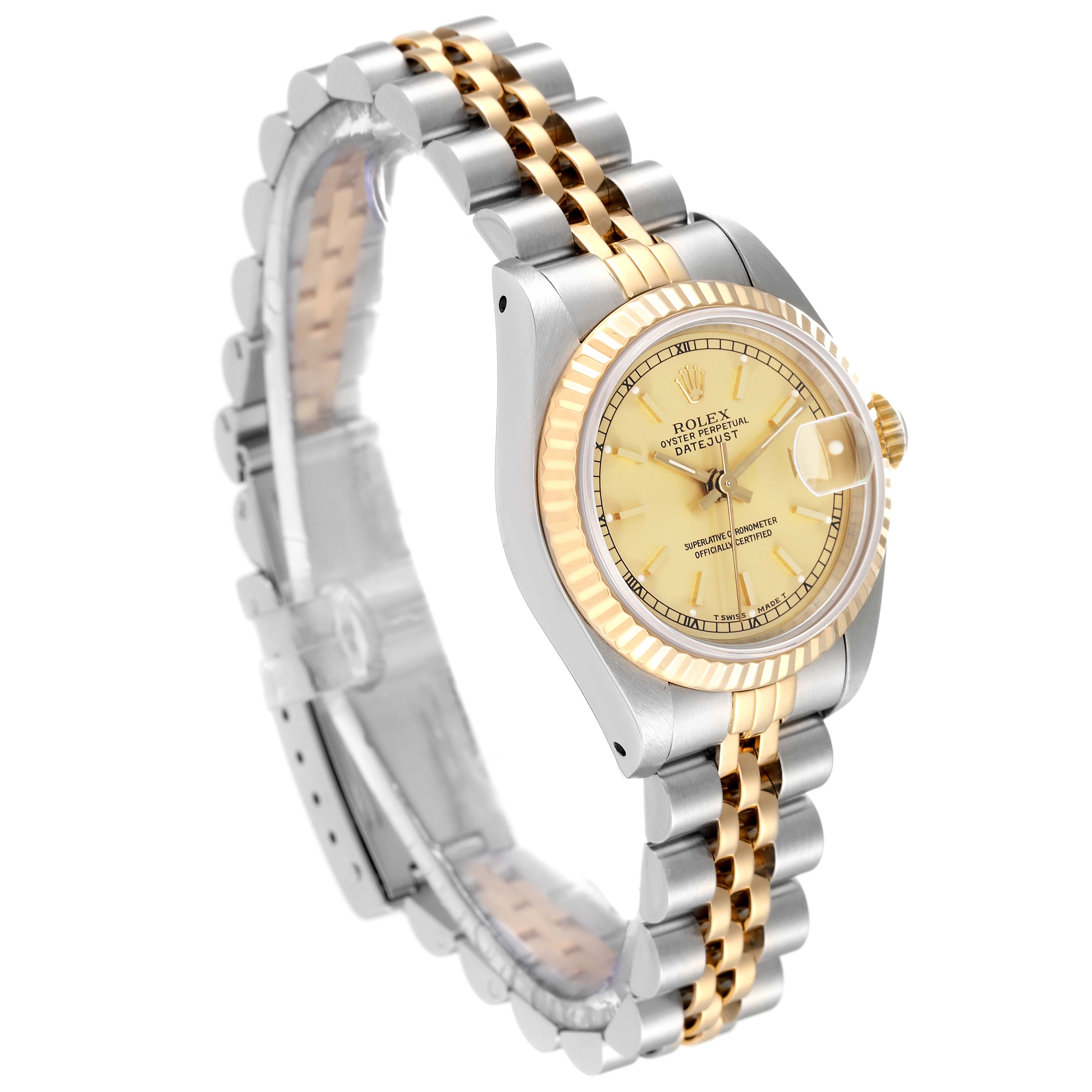 This is a Rolex Datejust 69173 Women's Steel and Gold (two tone) Champagne Dial 69173 Women's Steel and Gold (two tone) Champagne Dial watch shown at an angle highlighting the bezel, dial, and two-tone bracelet.