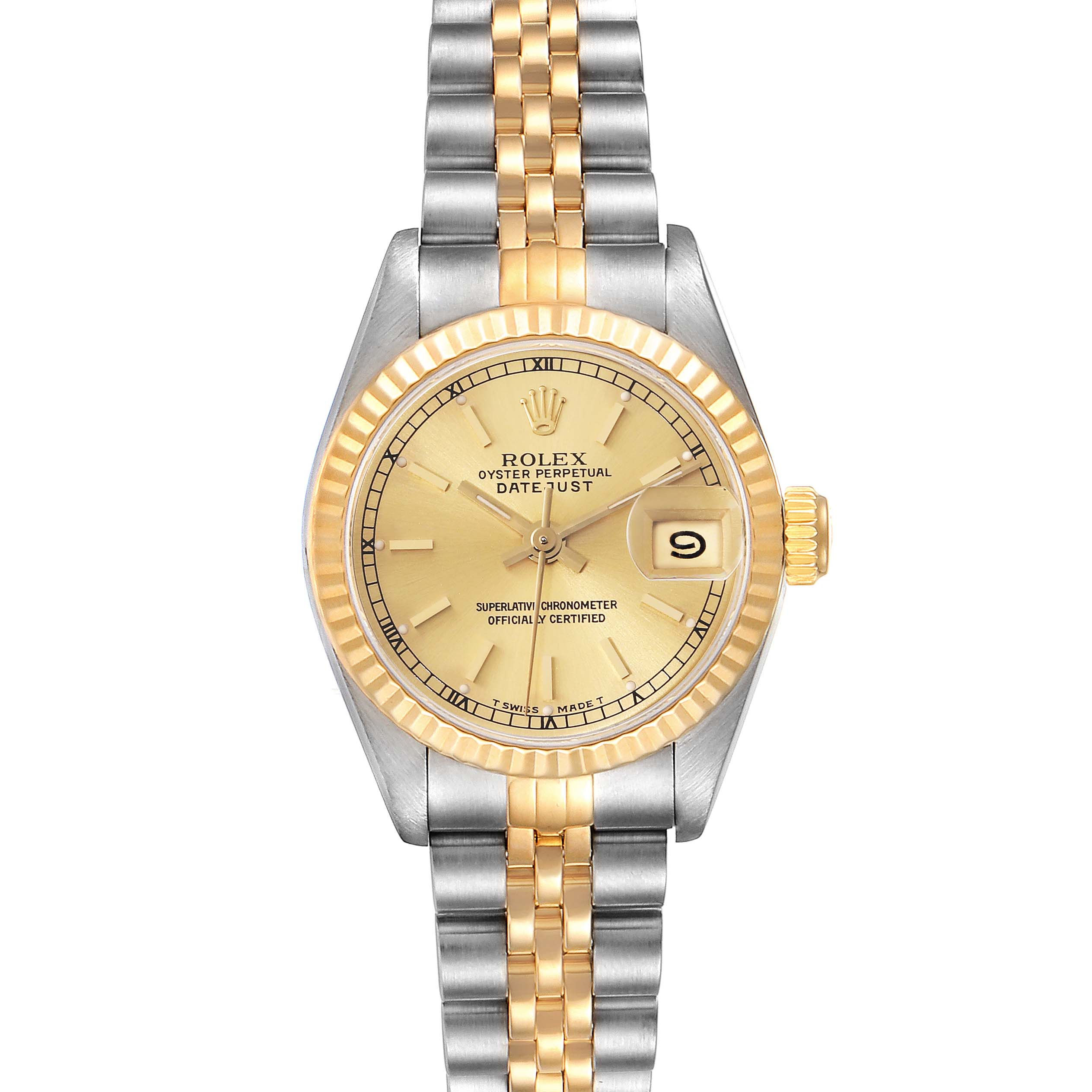 The image shows the front view of a Rolex Datejust 69173 Women's Steel and Gold (two tone) Champagne Dial 69173 Women's Steel and Gold (two tone) Champagne Dial watch, highlighting its two-tone bracelet and dial.