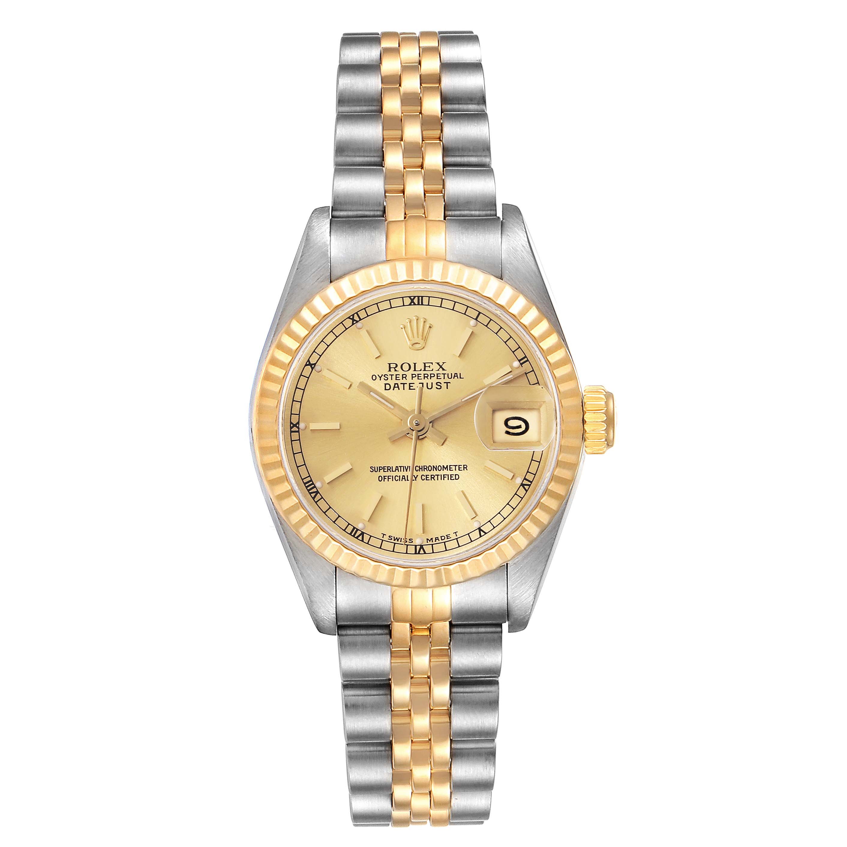 The image shows a front view of a Rolex Datejust 69173 Women's Steel and Gold (two tone) Champagne Dial 69173 Women's Steel and Gold (two tone) Champagne Dial watch, highlighting the dial, case, bezel, and Jubilee bracelet.