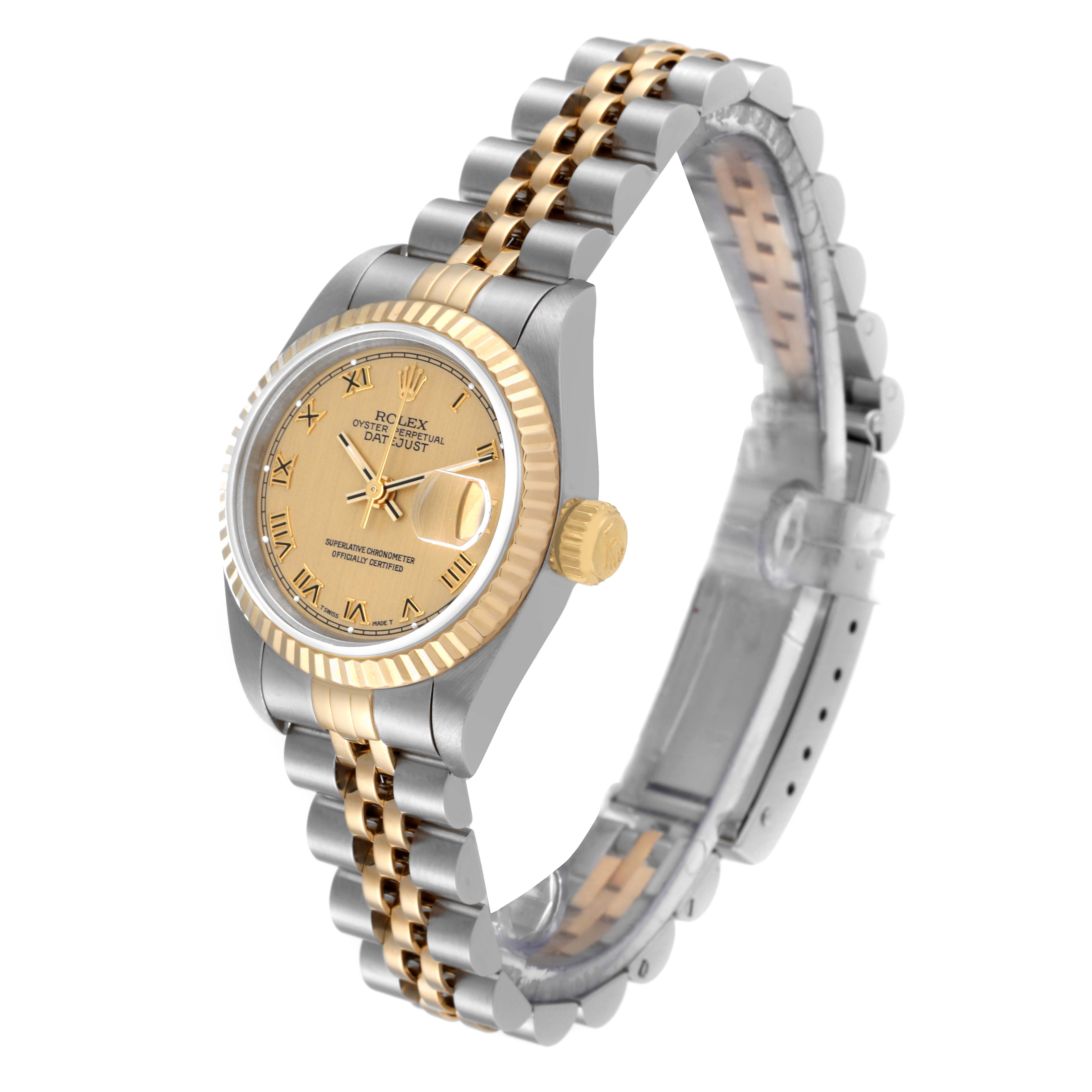 This image shows a Rolex Datejust 69173 Women's Steel and Gold (two tone) Champagne Dial 69173 Women's Steel and Gold (two tone) Champagne Dial watch at a three-quarter angle, highlighting the dial, bezel, crown, and two-tone bracelet.