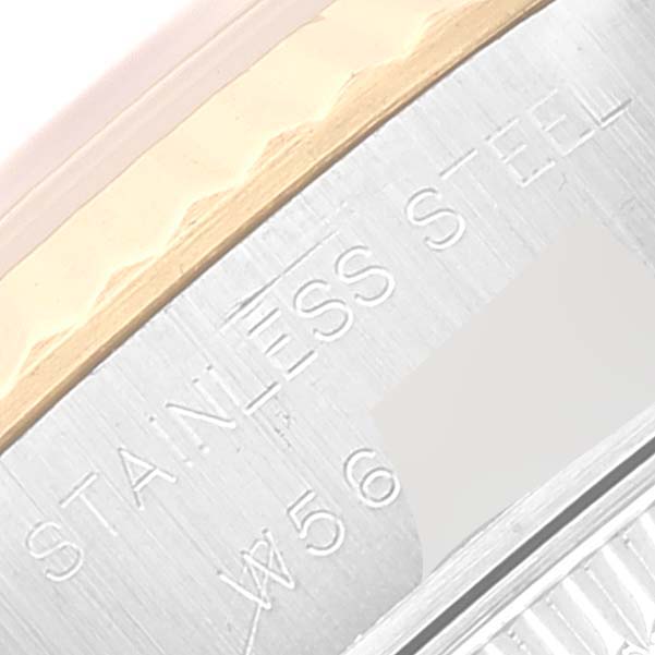 This image shows a close-up of the side detailing of a Rolex Datejust 69173 Women's Steel and Gold (two tone) Champagne Dial 69173 Women's Steel and Gold (two tone) Champagne Dial, highlighting its stainless steel and gold components.