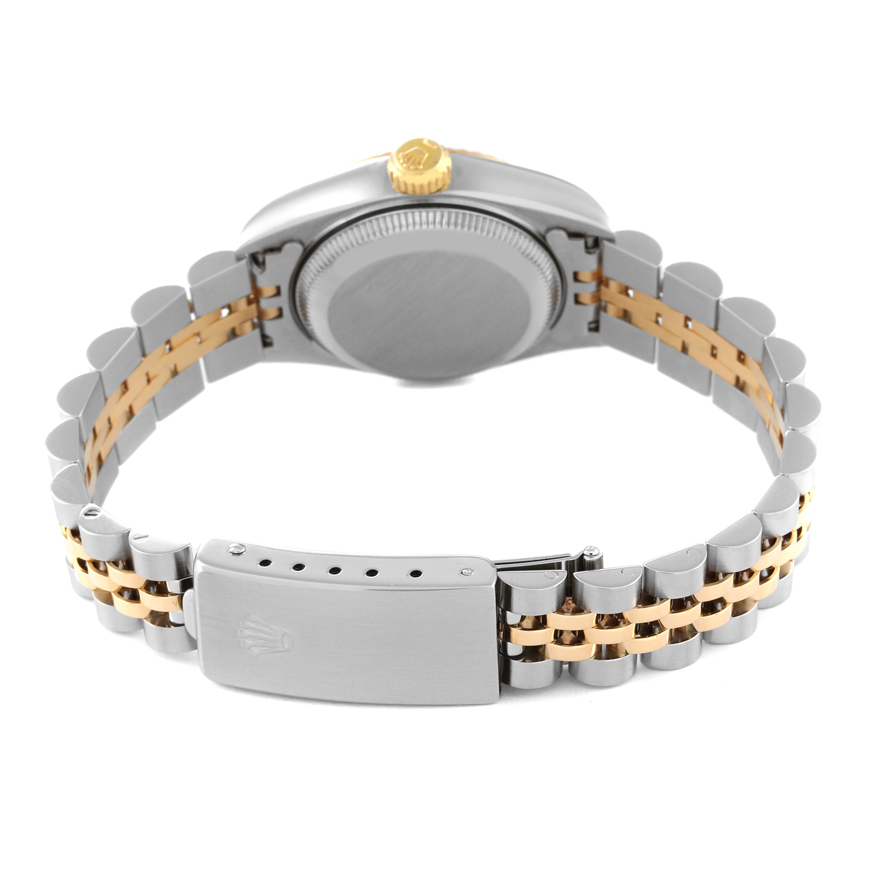 This image shows the back view of a Rolex Datejust 69173 Women's Steel and Gold (two tone) Champagne Dial 69173 Women's Steel and Gold (two tone) Champagne Dial watch, highlighting its two-tone bracelet and clasp.