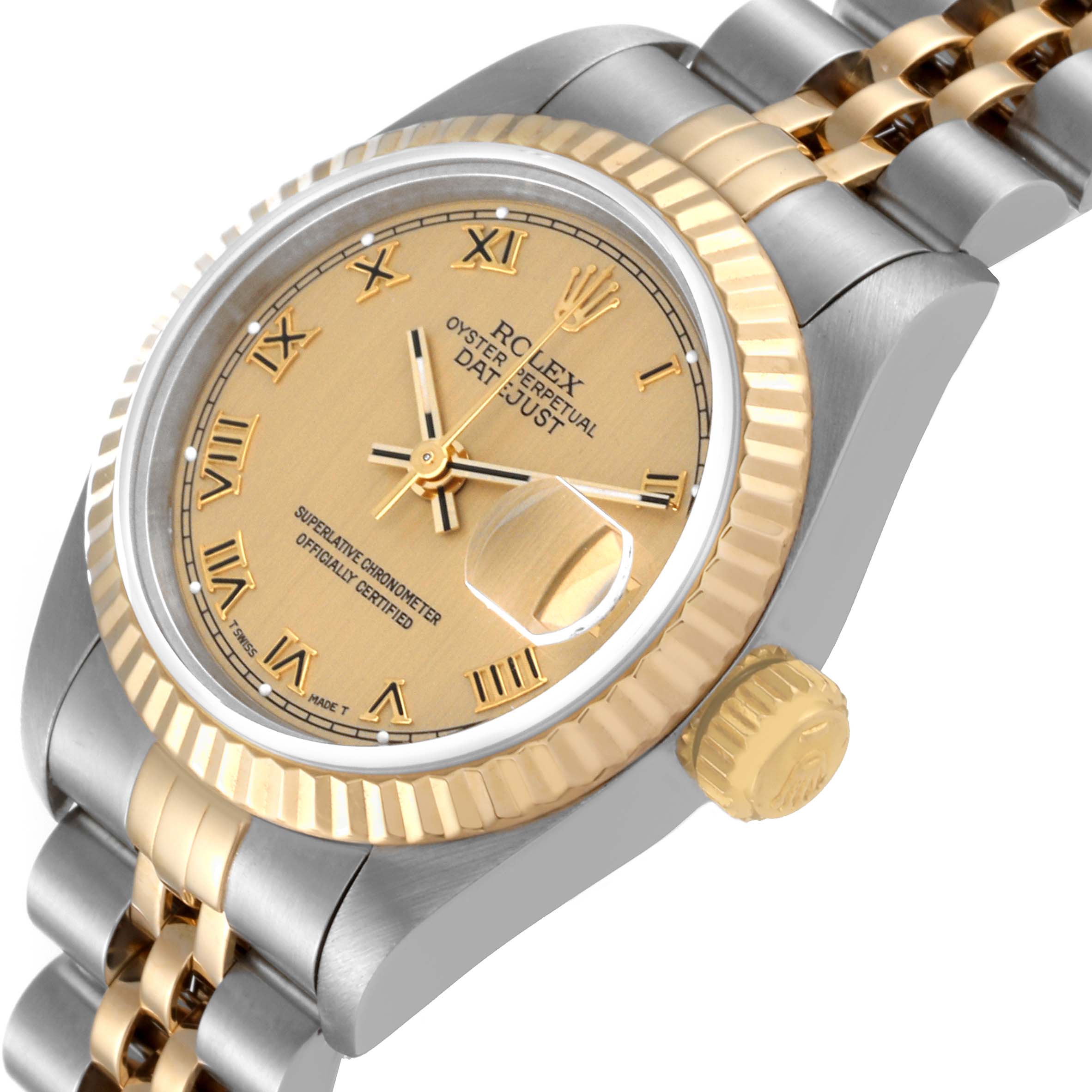 The Rolex Datejust 69173 Women's Steel and Gold (two tone) Champagne Dial 69173 Women's Steel and Gold (two tone) Champagne Dial watch is shown from a slightly tilted angle, highlighting the face, bezel, crown, and part of the bracelet.