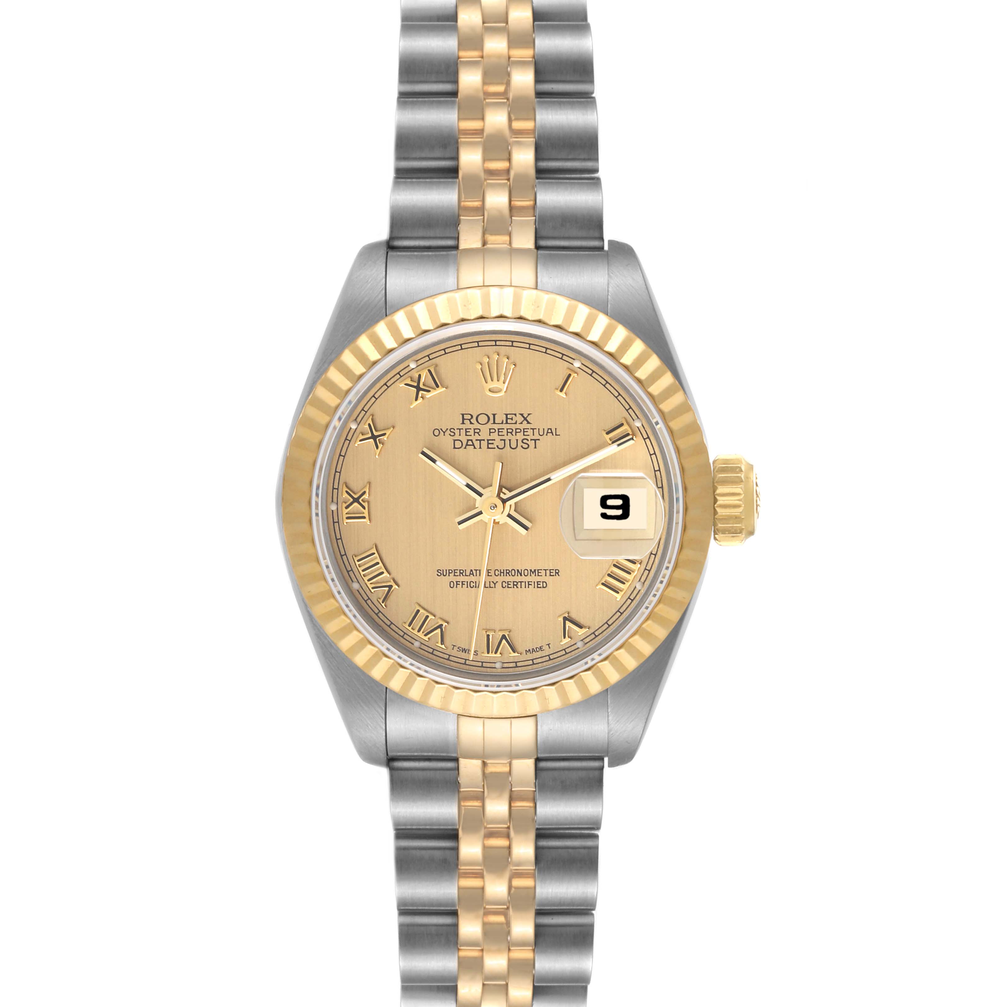 The Rolex Datejust 69173 Women's Steel and Gold (two tone) Champagne Dial 69173 Women's Steel and Gold (two tone) Champagne Dial watch is shown from the front, displaying the dial, bezel, crown, and bracelet.