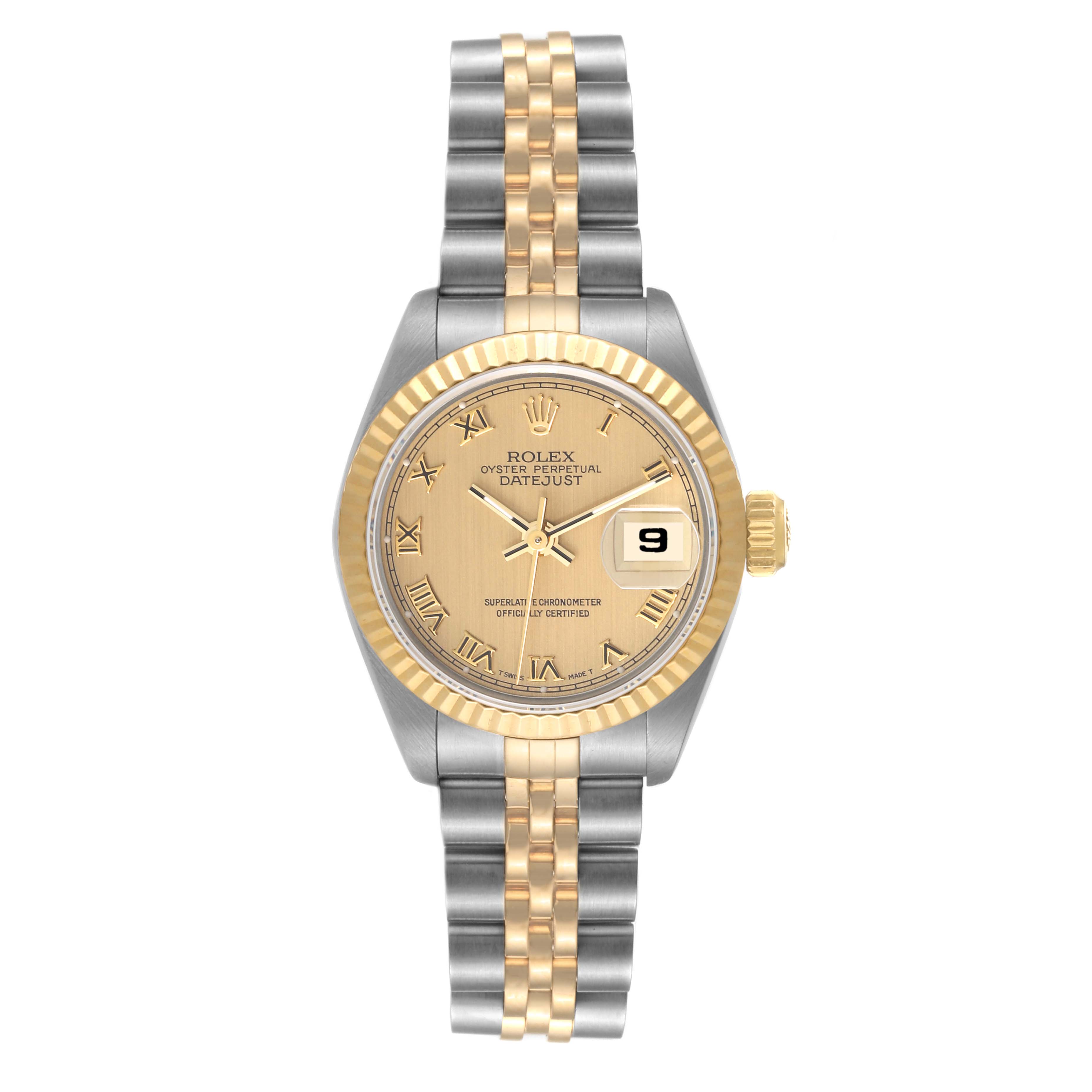 The image shows a Rolex Datejust 69173 Women's Steel and Gold (two tone) Champagne Dial 69173 Women's Steel and Gold (two tone) Champagne Dial watch with a gold and silver bracelet, viewed from the front.