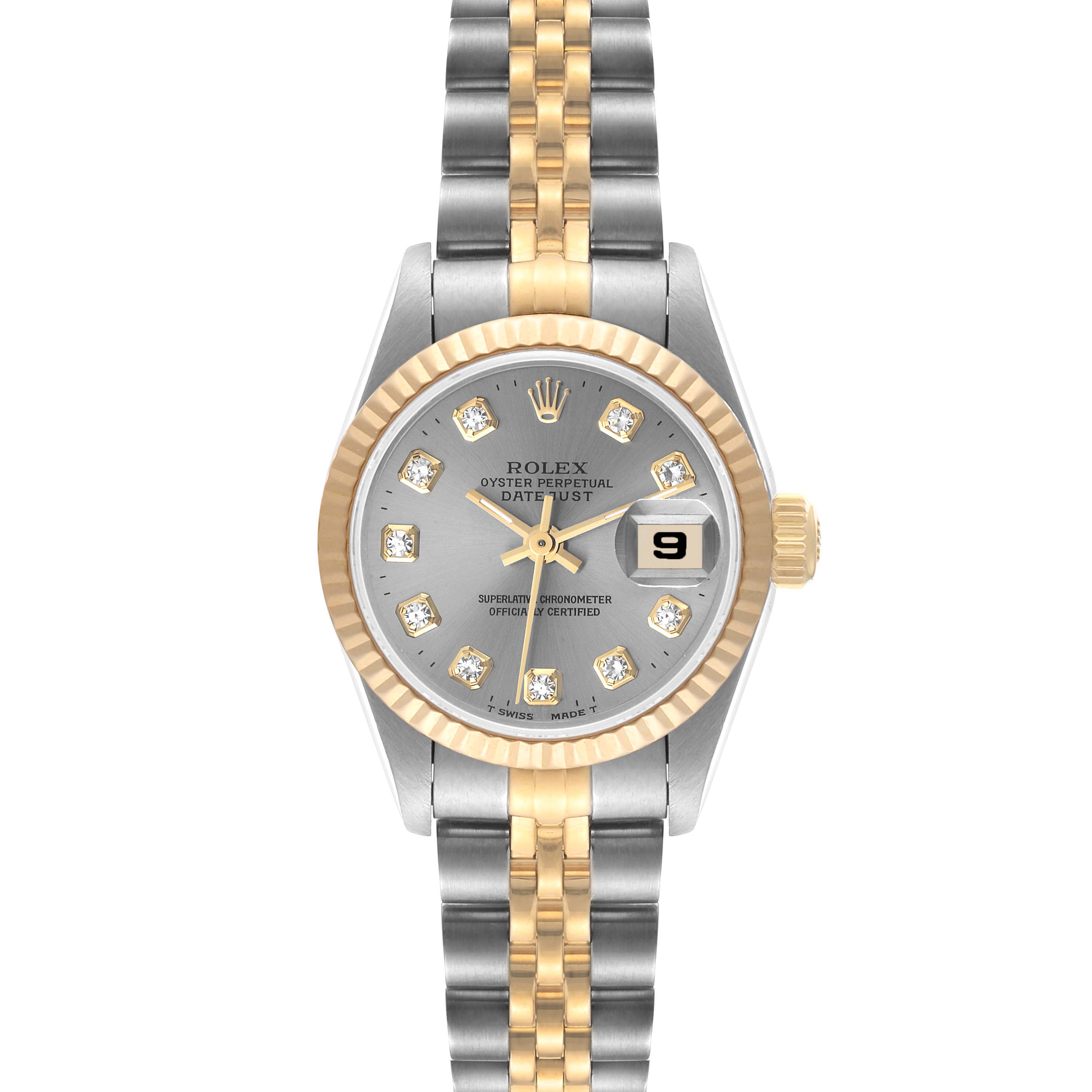 This is a Rolex Datejust 69173 Women
s Steel and Gold (two tone) Grey Dial 69173 Women
s Steel and Gold (two tone) Grey Dial watch shown from the front, highlighting its face, dial, and two-tone bracelet.