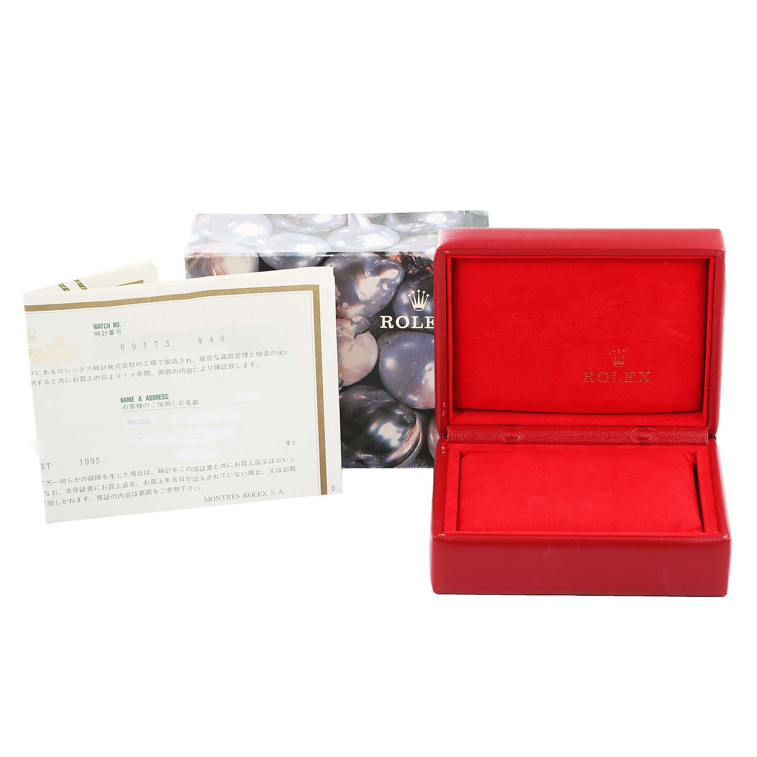 The image shows the packaging, a red Rolex-branded watch box, and documents for the Datejust model by Rolex.