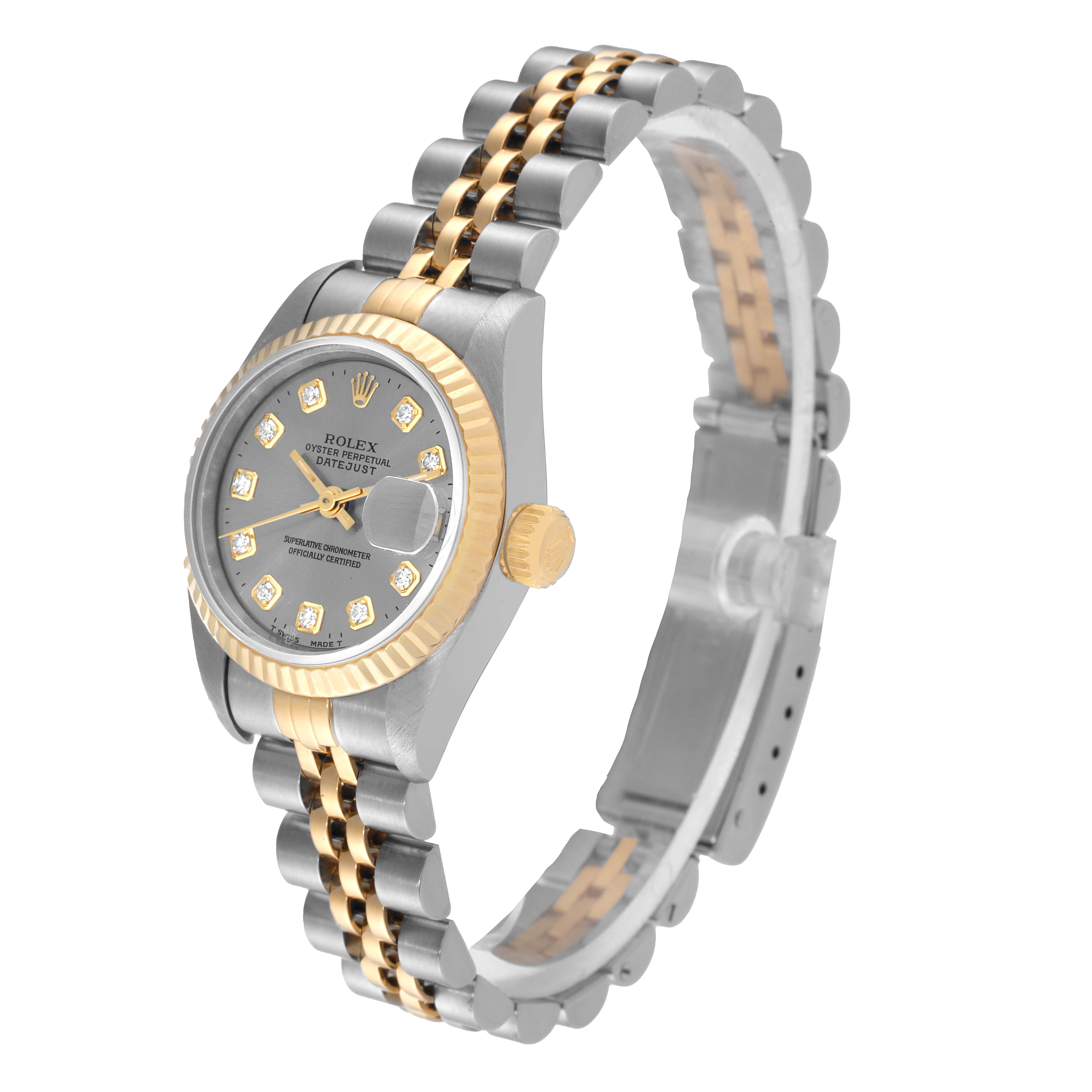 The image shows a side angle of a Rolex Datejust 69173 Women
s Steel and Gold (two tone) Grey Dial 69173 Women
s Steel and Gold (two tone) Grey Dial watch, highlighting the face, bezel, crown, and part of the bracelet.