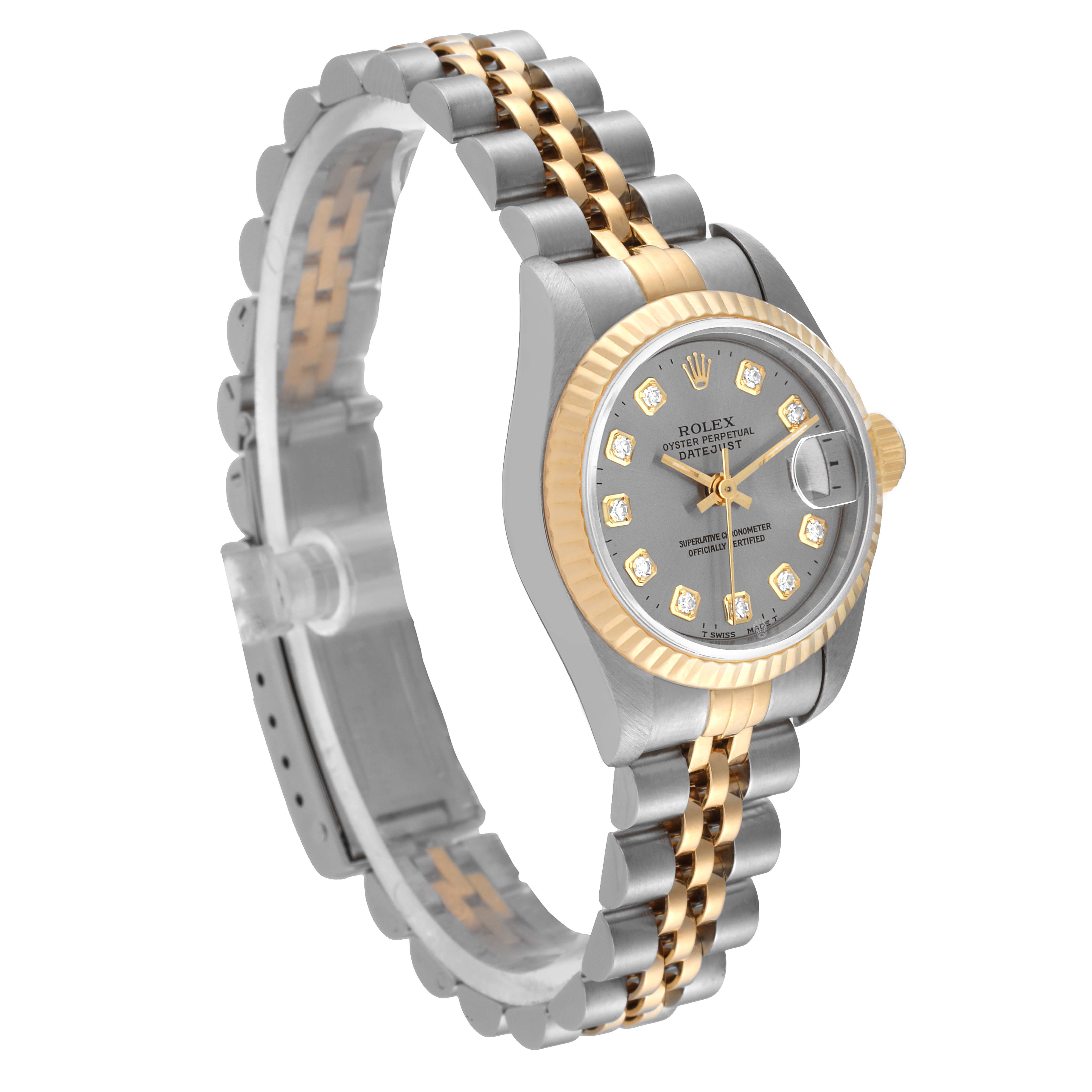 The Rolex Datejust 69173 Women
s Steel and Gold (two tone) Grey Dial 69173 Women
s Steel and Gold (two tone) Grey Dial watch is shown at a three-quarter angle, displaying its face, bezel, and two-tone bracelet.