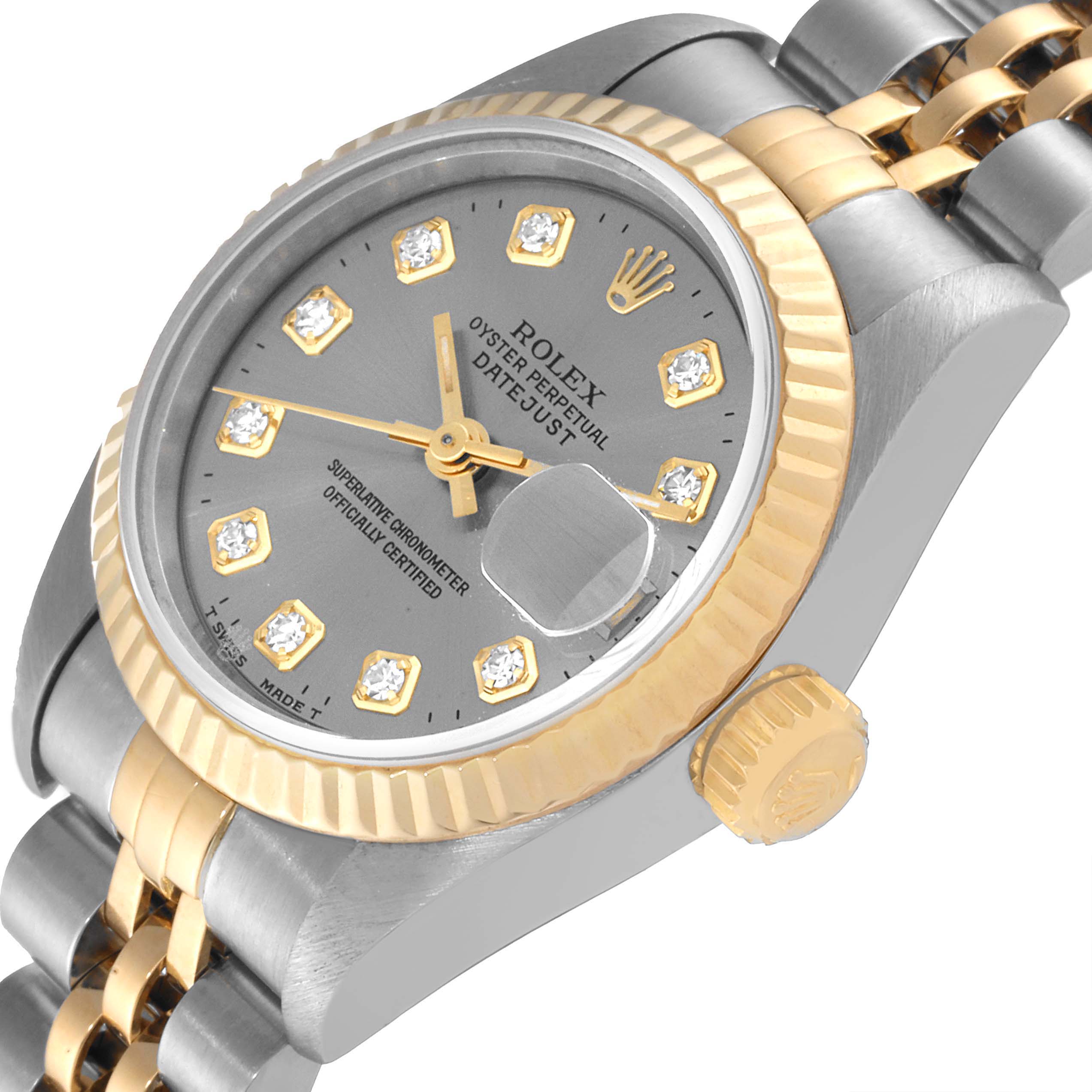 This image shows a close-up angled view of a Rolex Datejust 69173 Women
s Steel and Gold (two tone) Grey Dial 69173 Women
s Steel and Gold (two tone) Grey Dial watch, highlighting the bezel, dial, crown, and part of the bracelet.