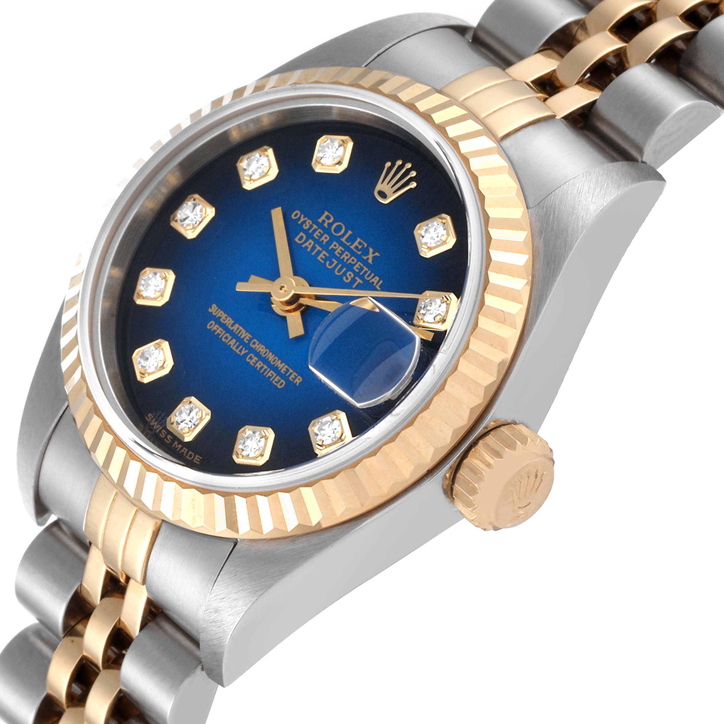 The image shows a close-up angled view of the Rolex Datejust 79173 Women's Steel and Gold (two tone) Blue Dial 79173 Women's Steel and Gold (two tone) Blue Dial watch, highlighting its bezel, crown, and part of the bracelet.